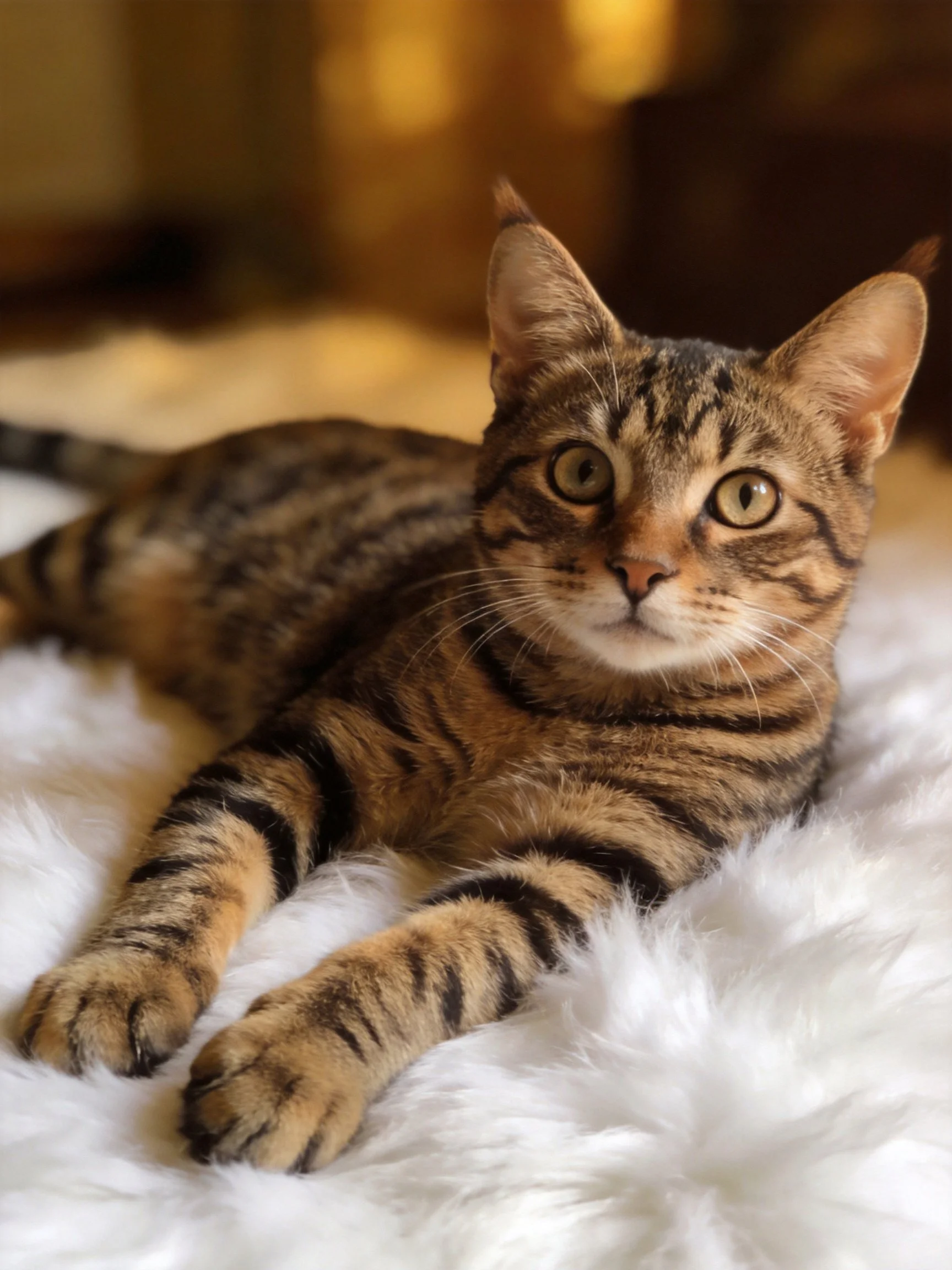 A brown tabby kitten lounges on a soft white rug with warm ambient lighting.