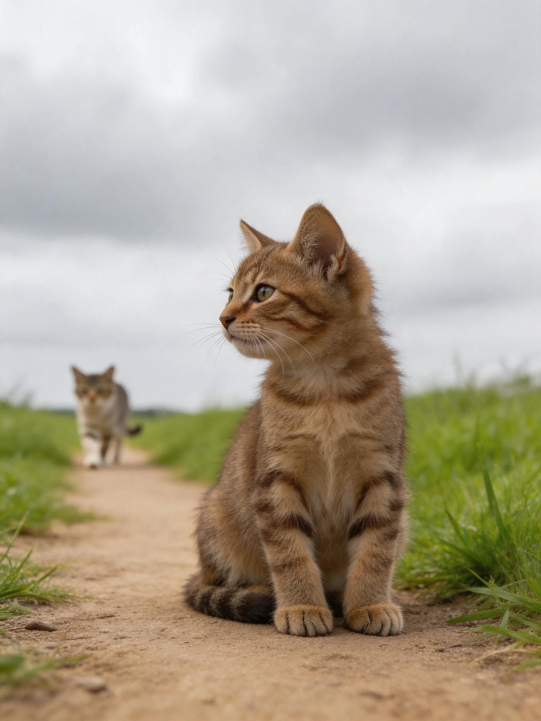 A brown tabby kitten sits on a dirt path while a gray cat approaches from behind