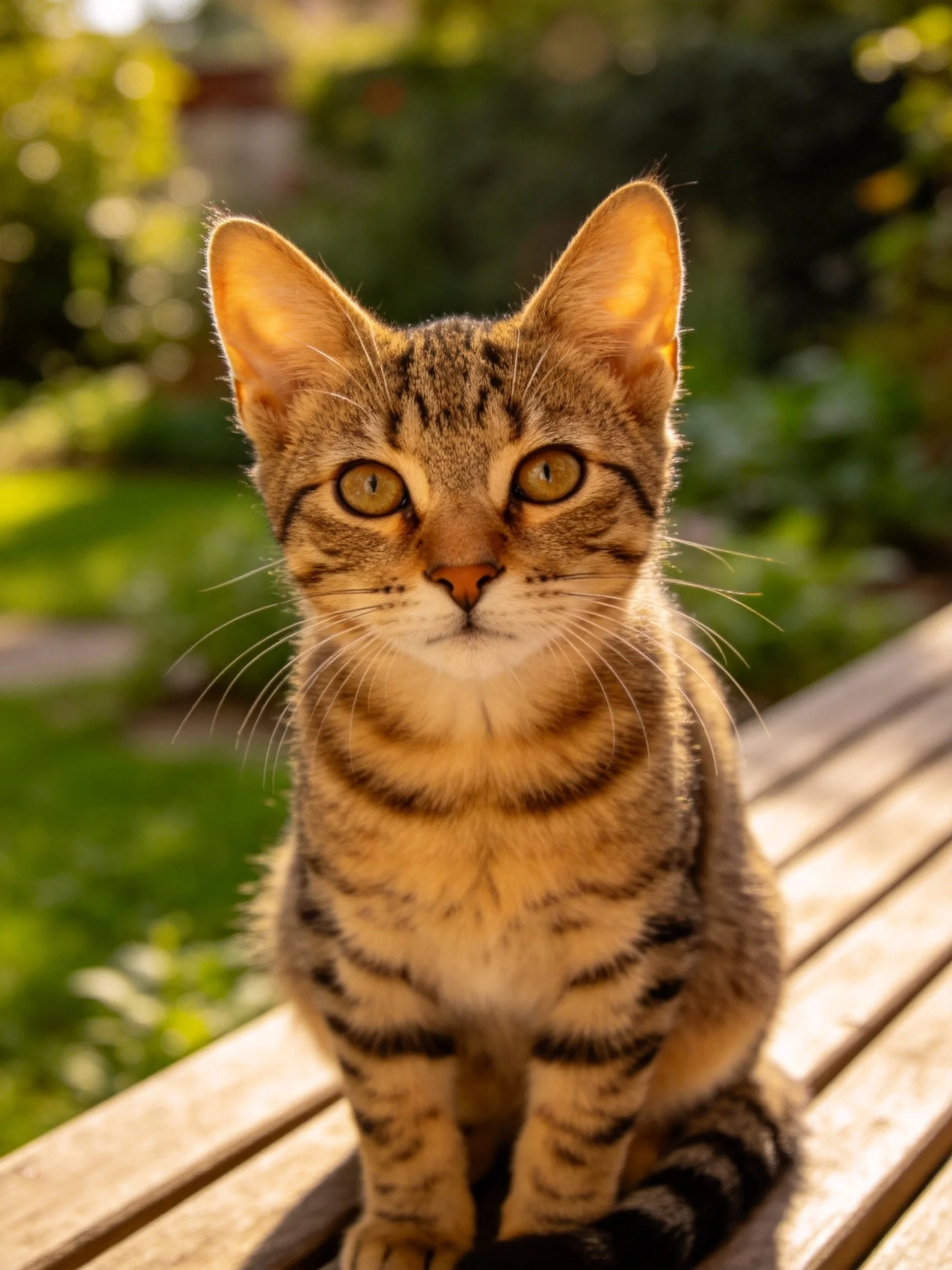 A brown tabby kitten sits on a wooden bench in a sunlit outdoor setting.