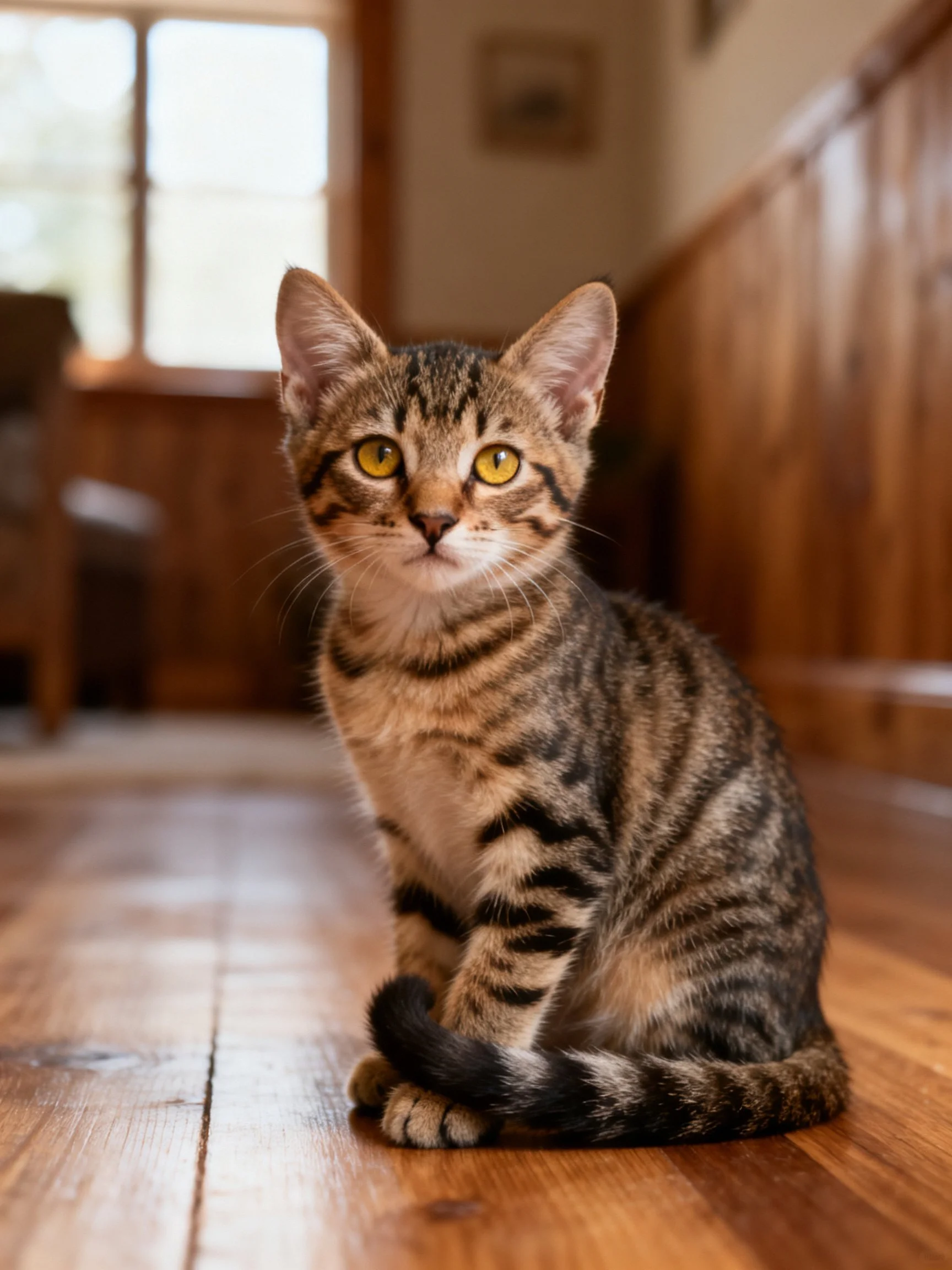A brown tabby kitten sits calmly on a wooden floor indoors.