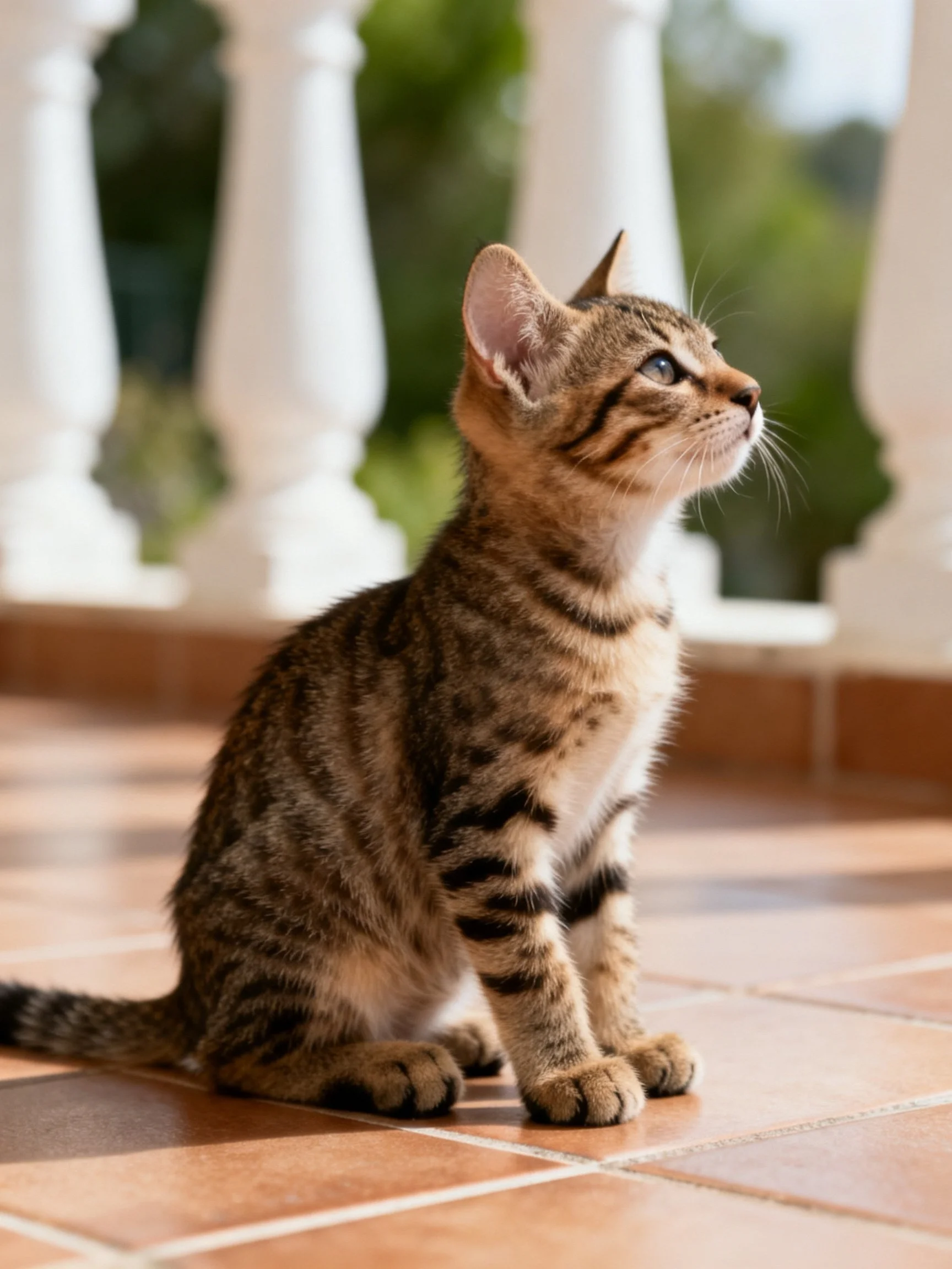 A brown tabby kitten sits on terracotta tiles near white columns