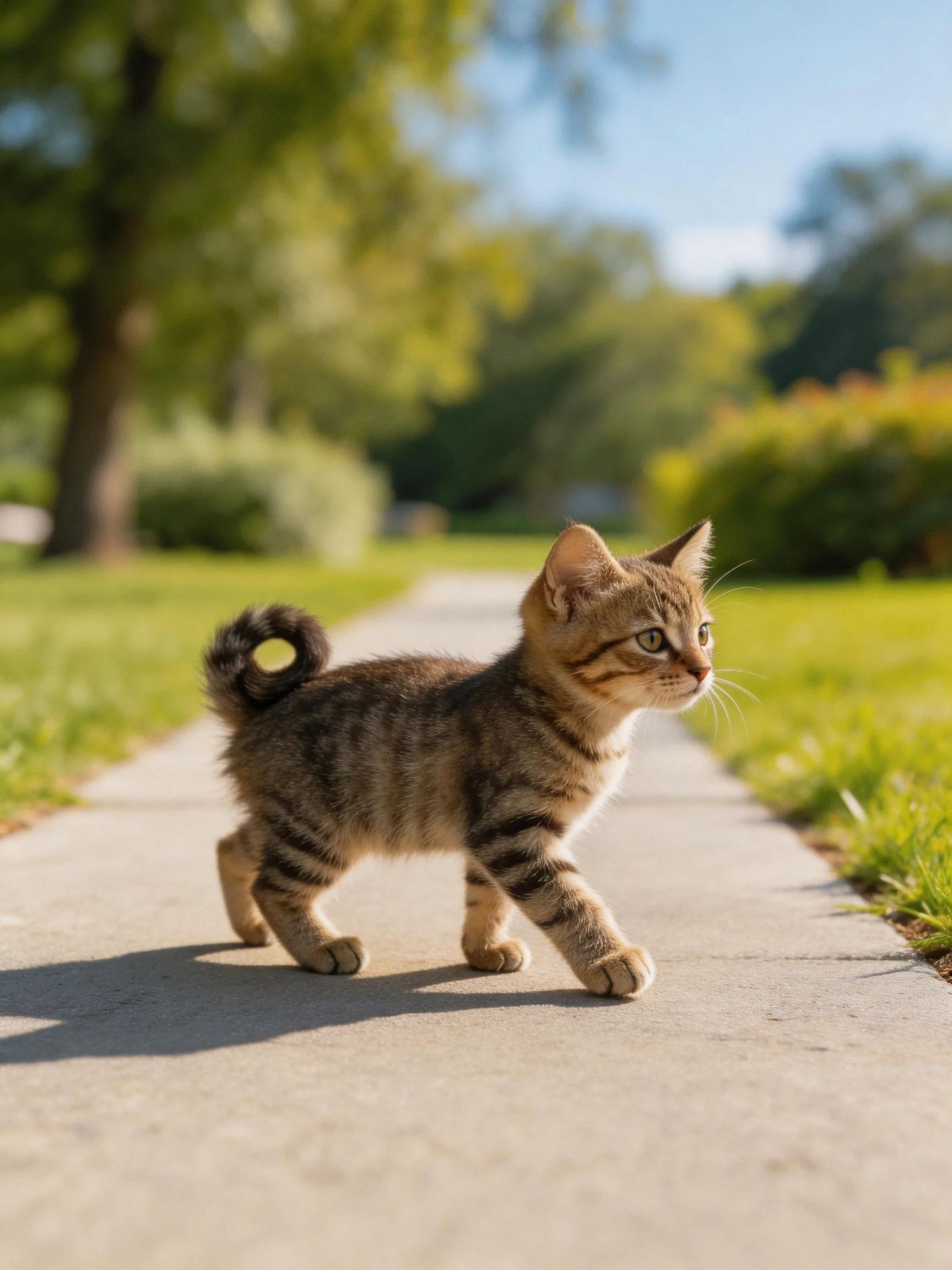 A brown tabby kitten walking on a sunlit concrete path