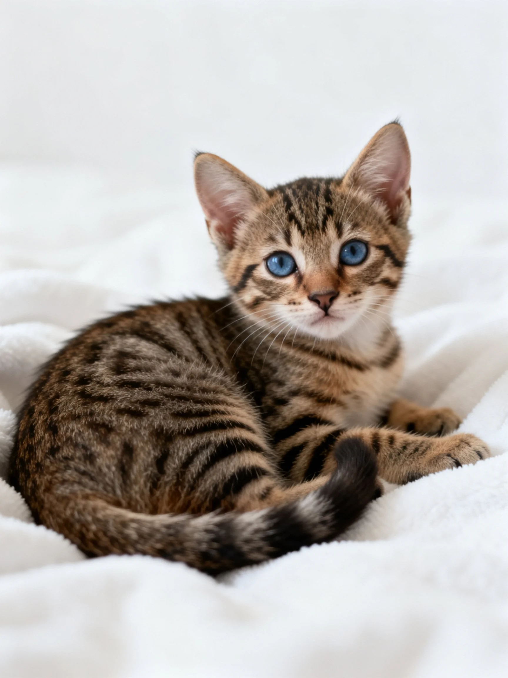 A small brown tabby kitten with bright blue eyes rests on a soft white fabric.