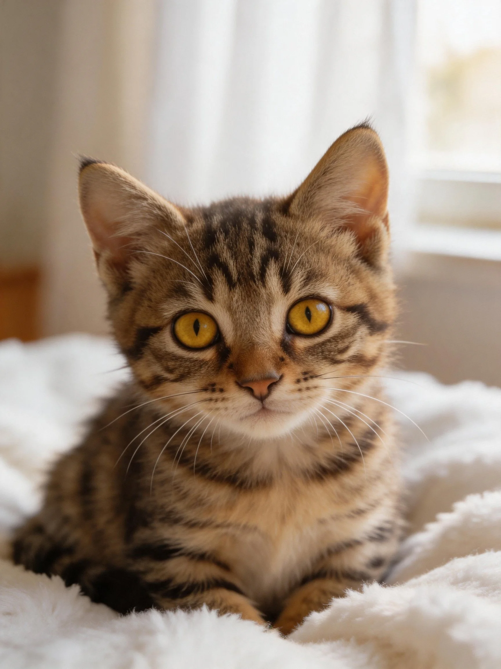 A brown tabby kitten with bright yellow eyes resting on a white blanket