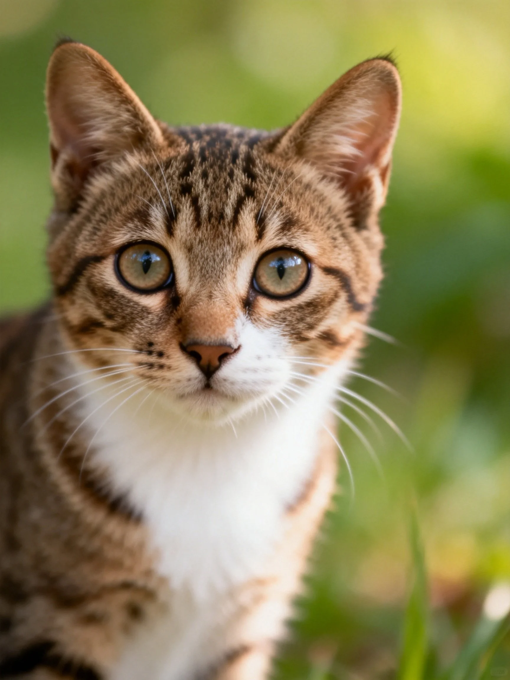 A brown tabby kitten with striking green eyes in a lush outdoor backdrop