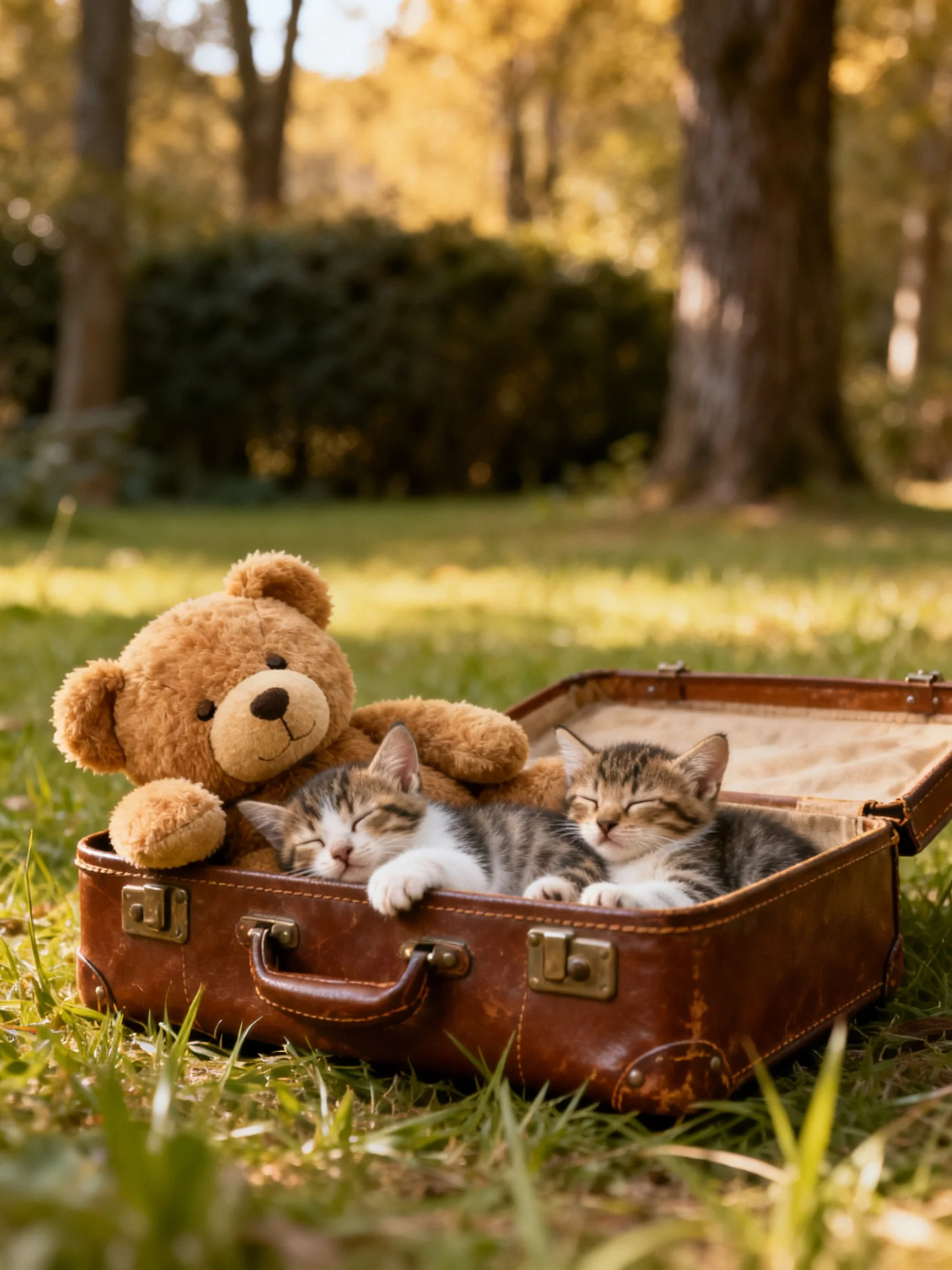 A brown teddy bear and two tabby kittens rest in a vintage suitcase on grass