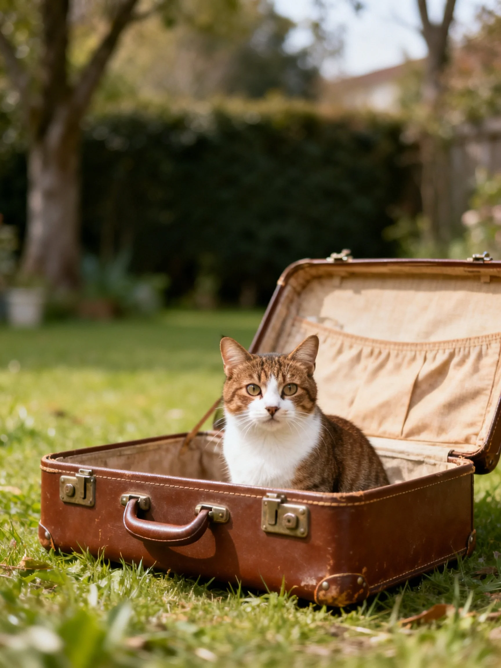 A brown vintage suitcase holds a tabby and white cat in a garden