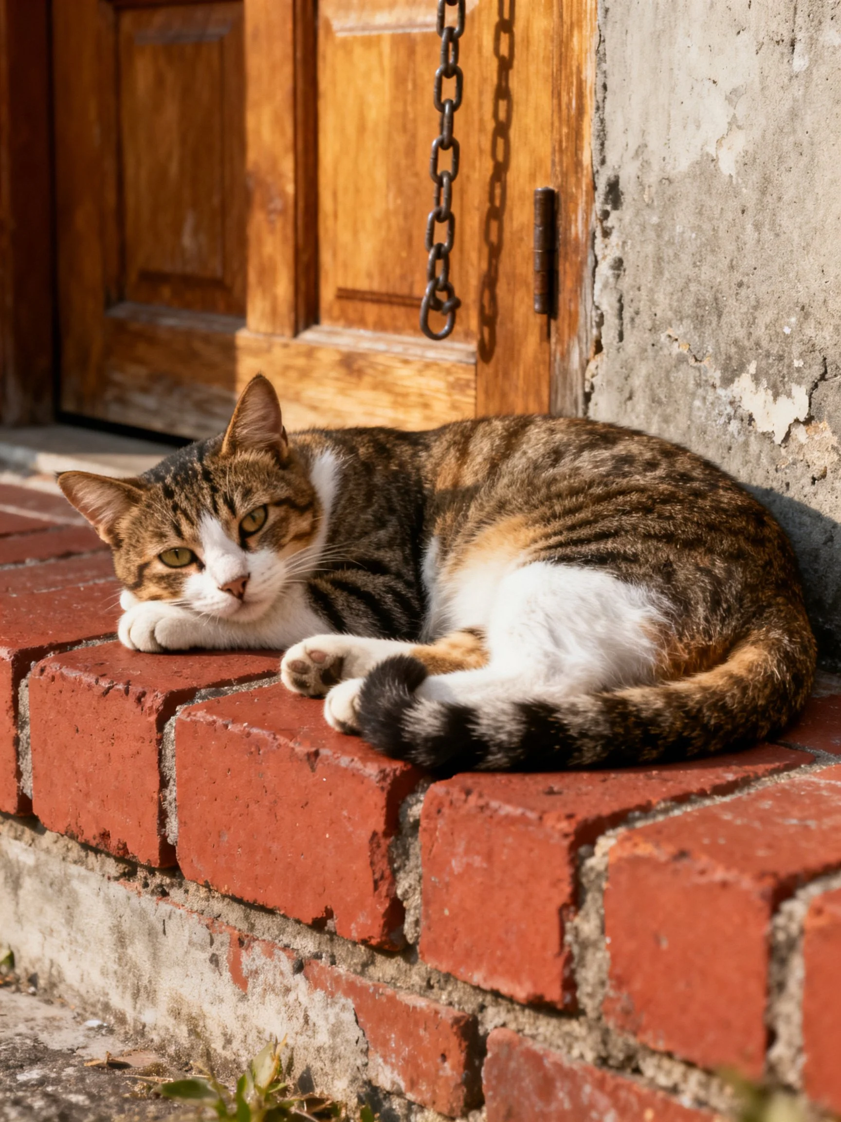 A brown, white, and orange cat rests on red brick steps beside a wooden door