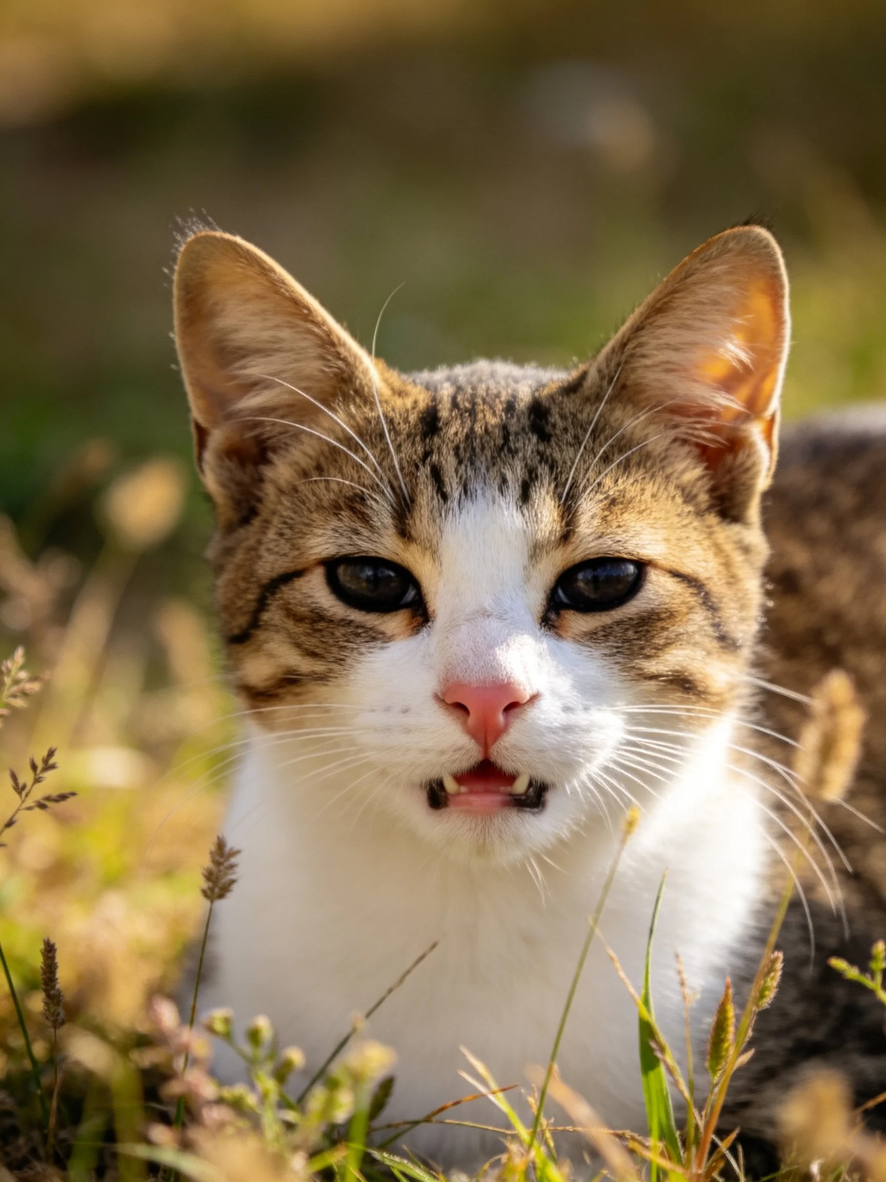 A brown, white, and tabby cat resting in sunlit grass