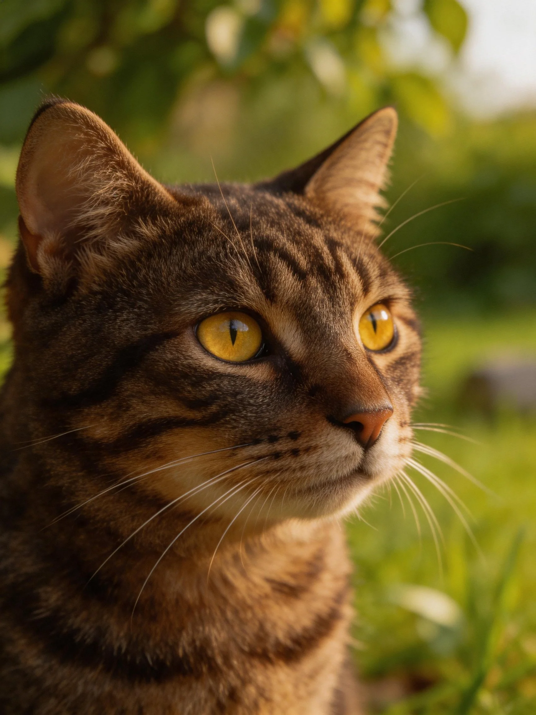 A browntabby cat with bright yellow eyes in a sunlit garden