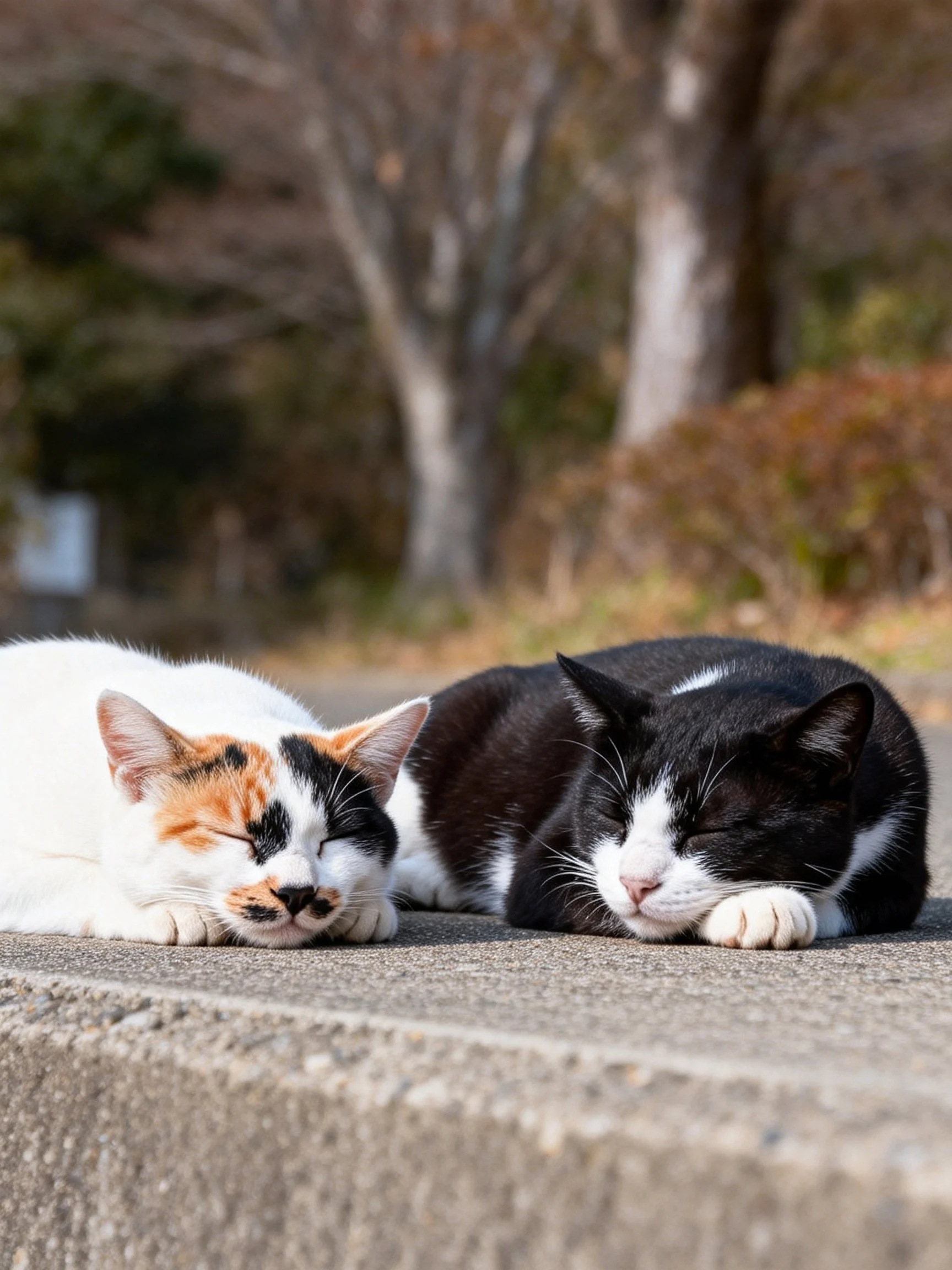 Two cats sleep peacefully on a concrete ledge
