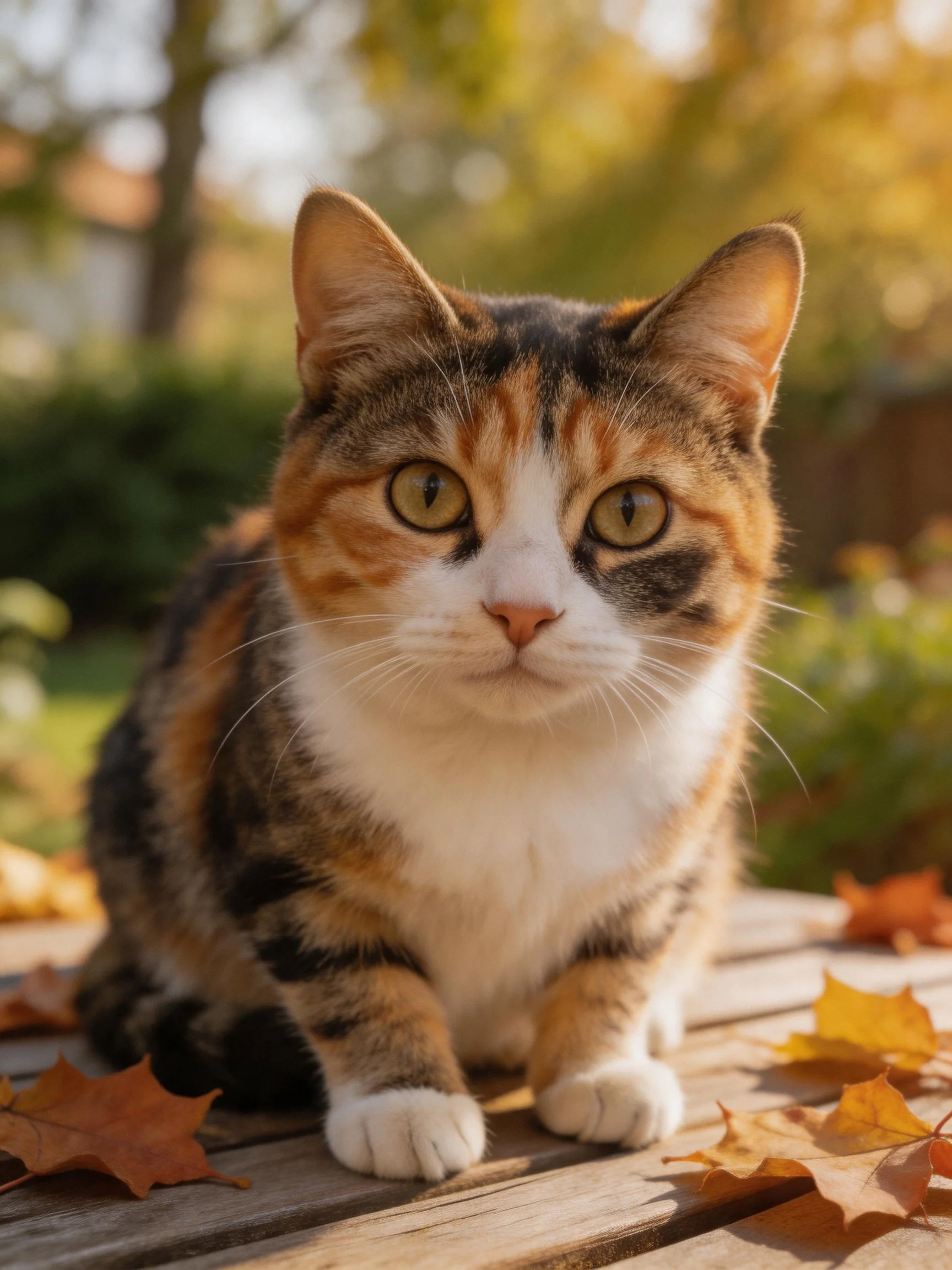 A calico cat among autumn leaves on a wooden bench