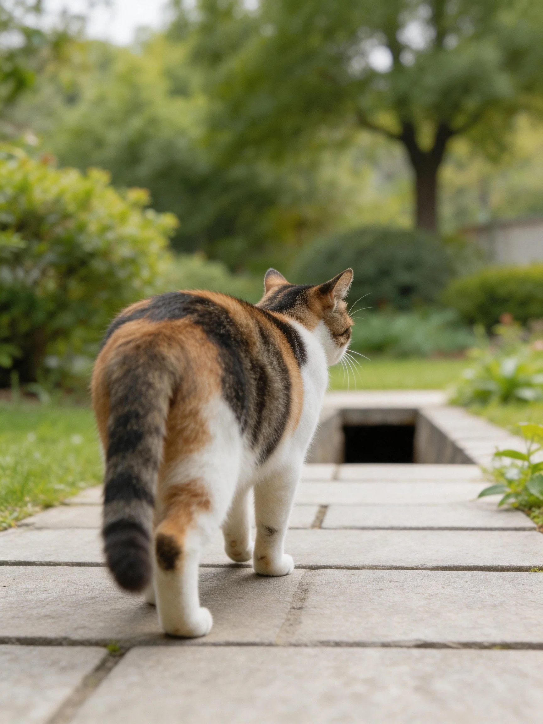 A calico cat approaches a square opening on a stone pathway in a lush garden
