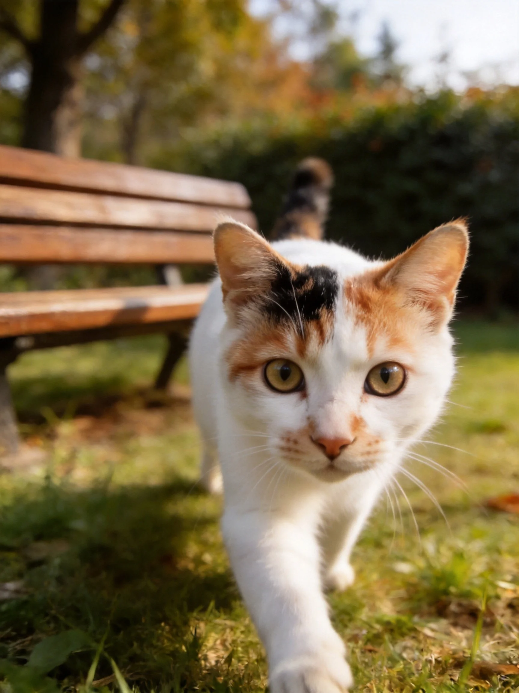 A calico cat approaches the camera near a wooden park bench