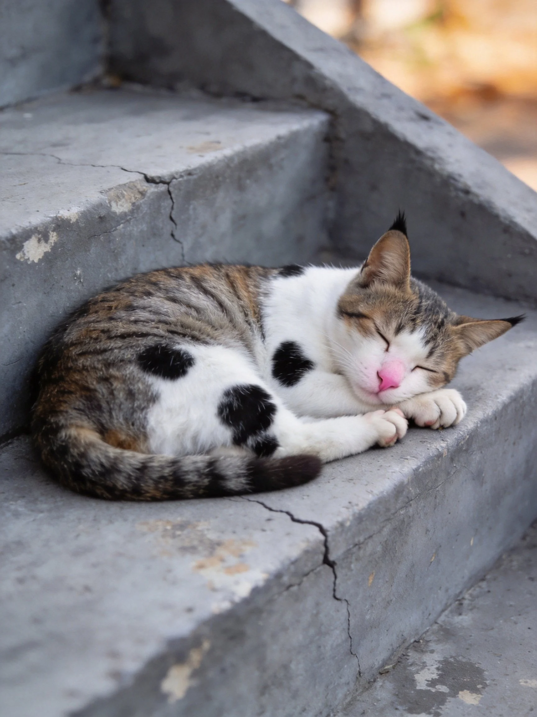 A calico cat curls up asleep on weathered gray concrete steps
