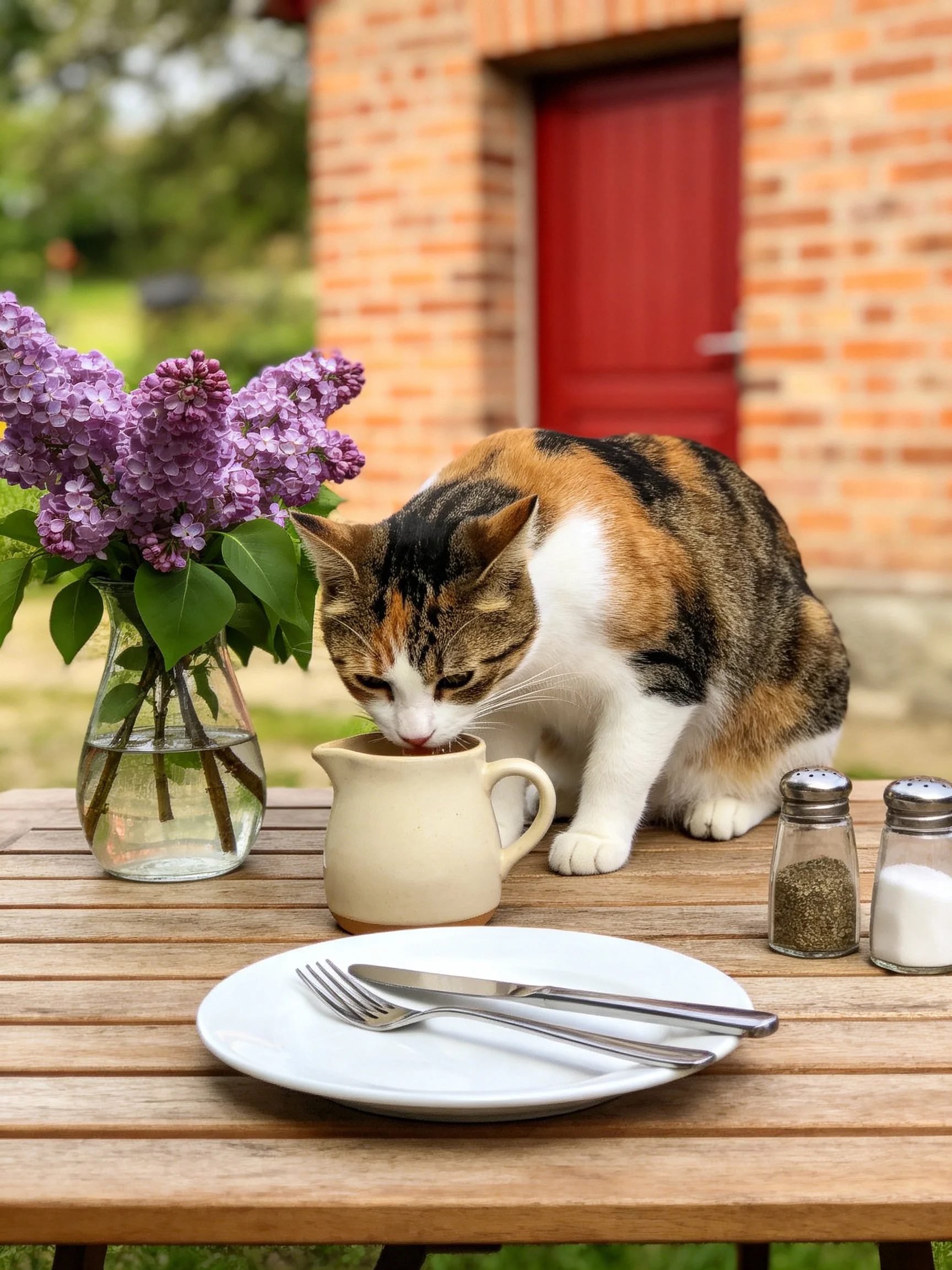 A calico cat drinks from a ceramic pitcher near purple lilacs on a wooden table