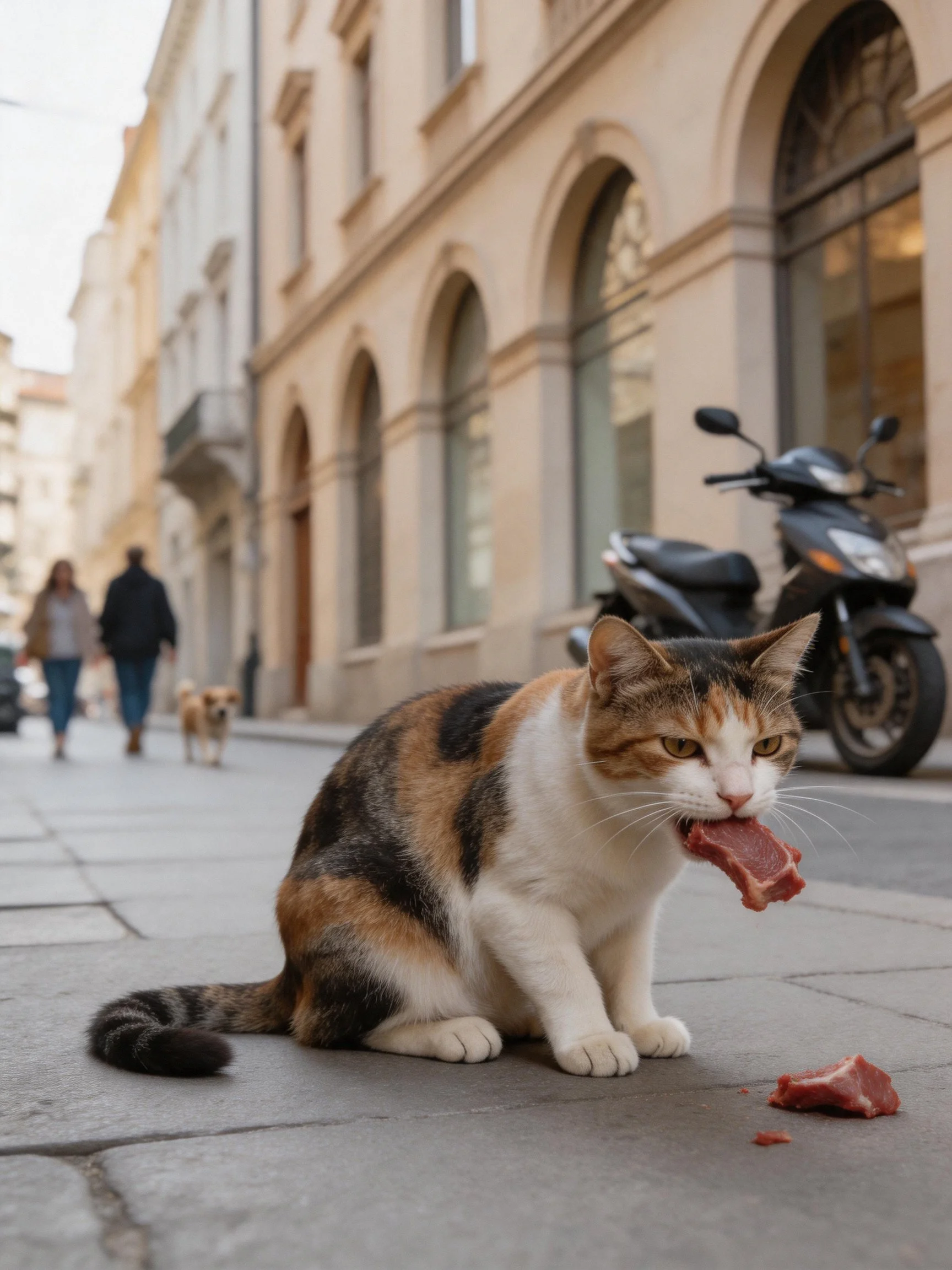 A calico cat eats meat on a cobblestone street near historic buildings