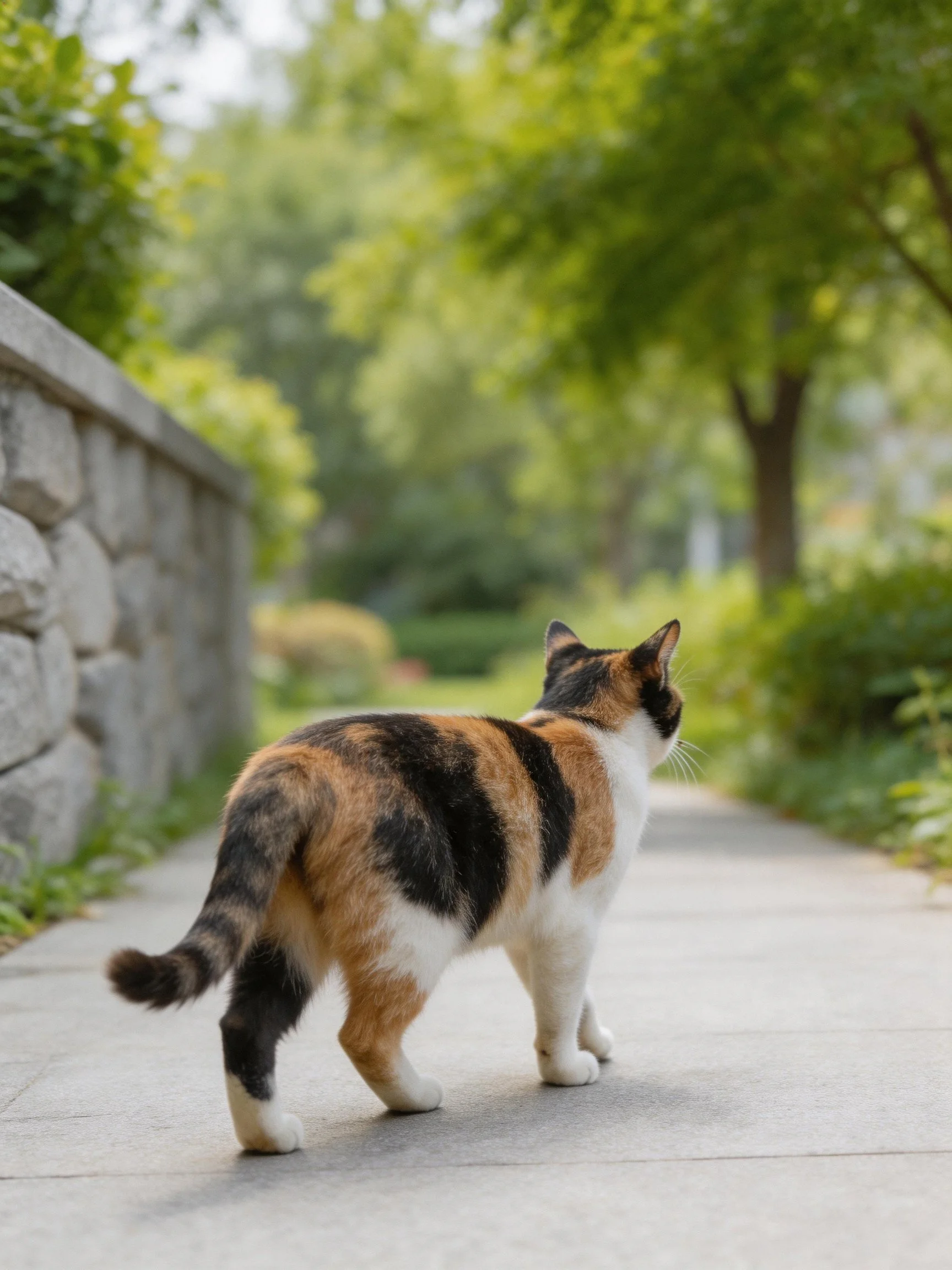 A calico cat explores a stone-paved path surrounded by greenery