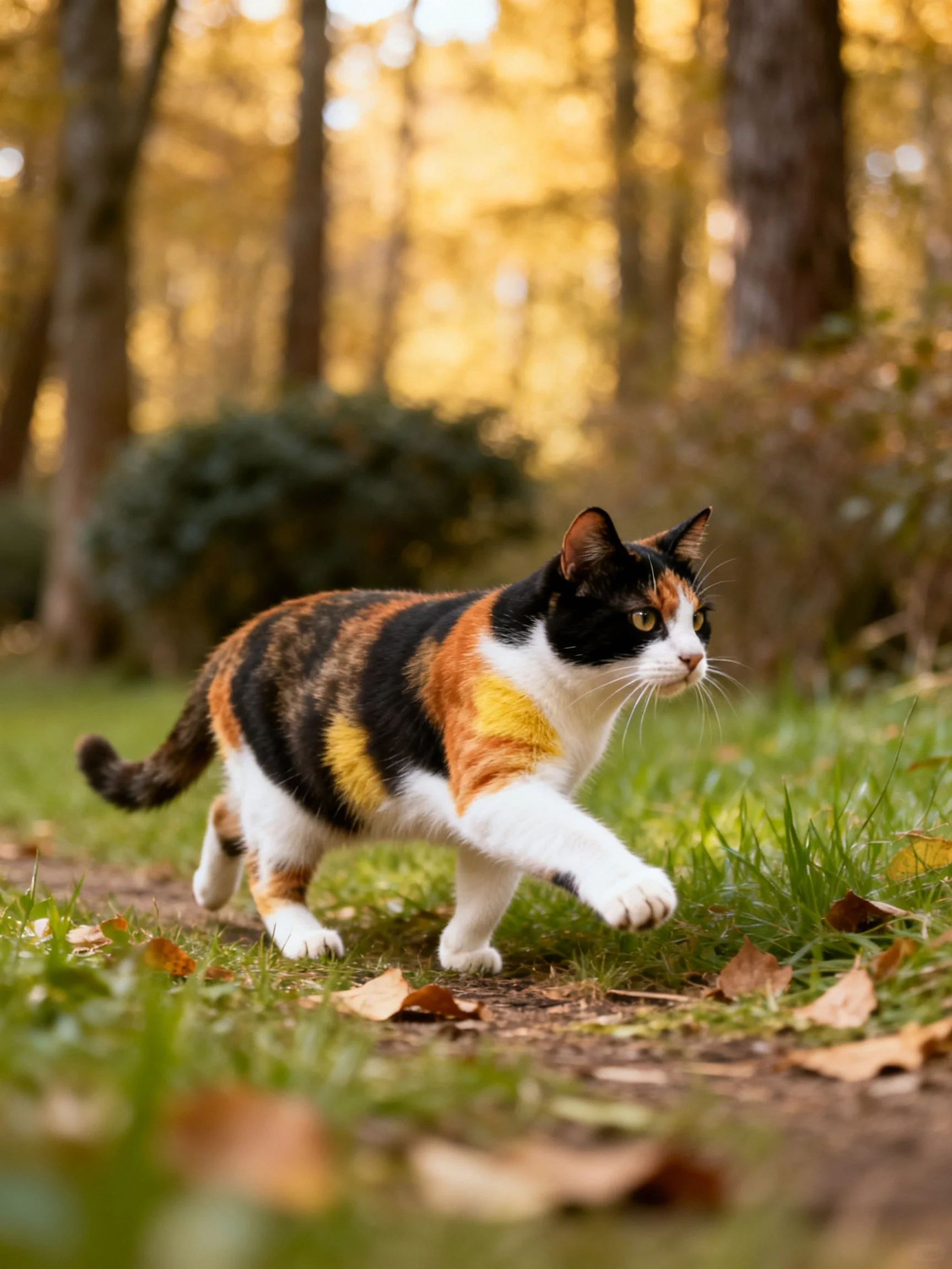 A calico cat explores a sunlit wooded path