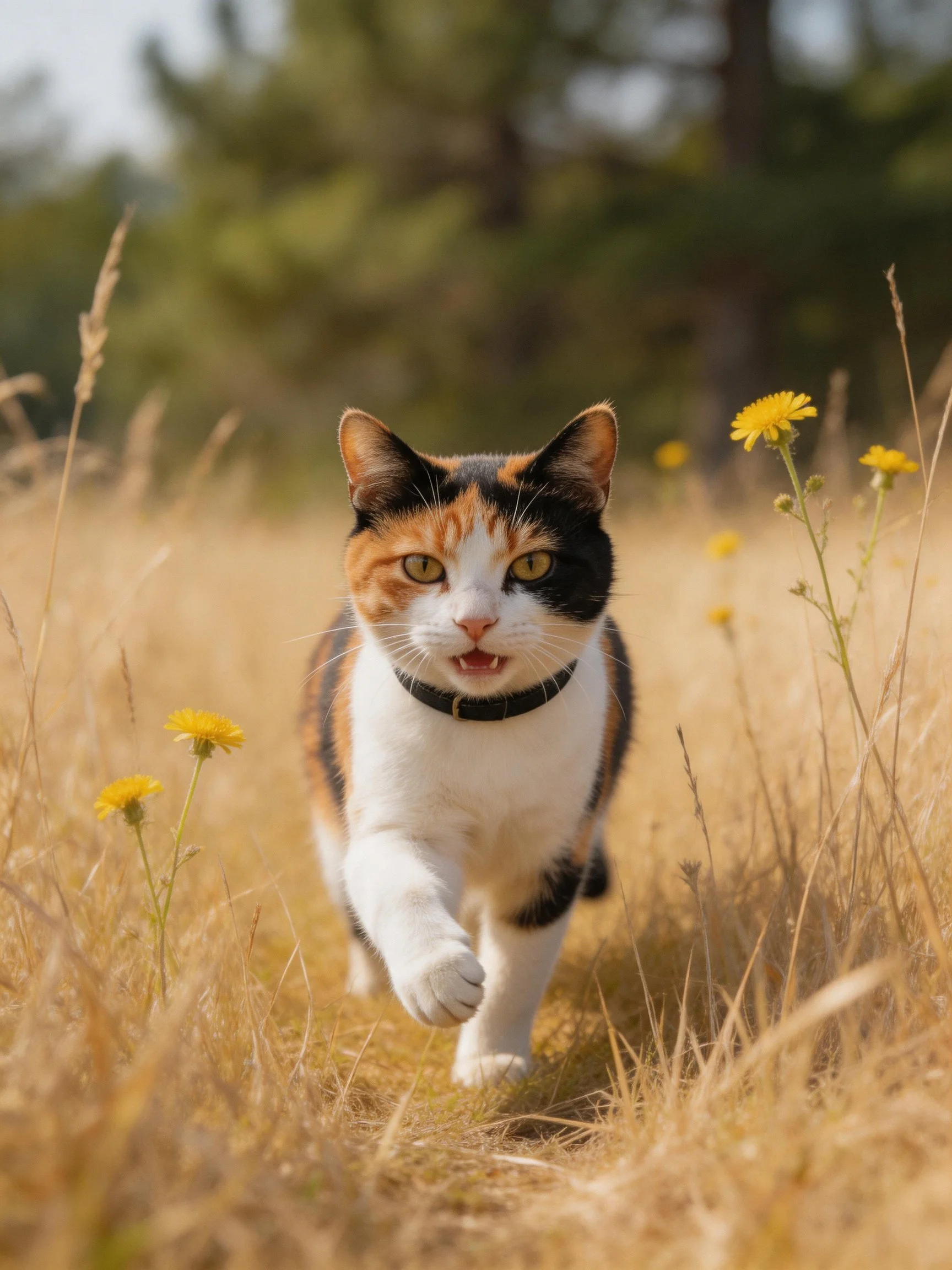 A calico cat explores golden grass with yellow wildflowers