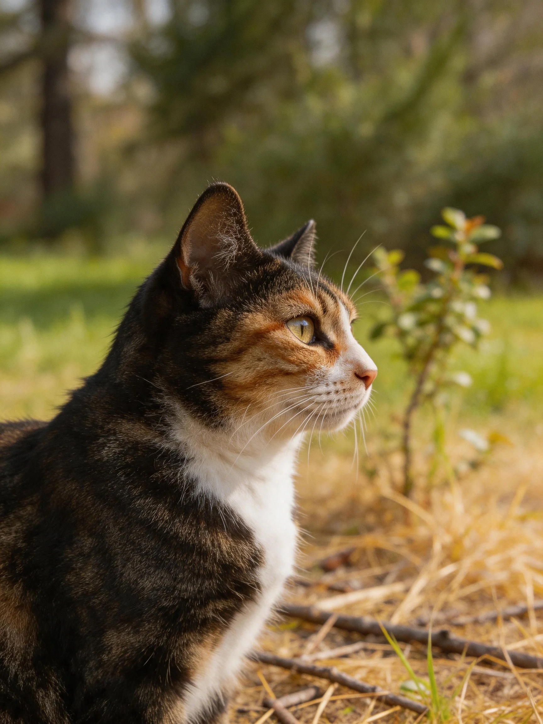 A calico cat gazes thoughtfully amid dry grass and green foliage
