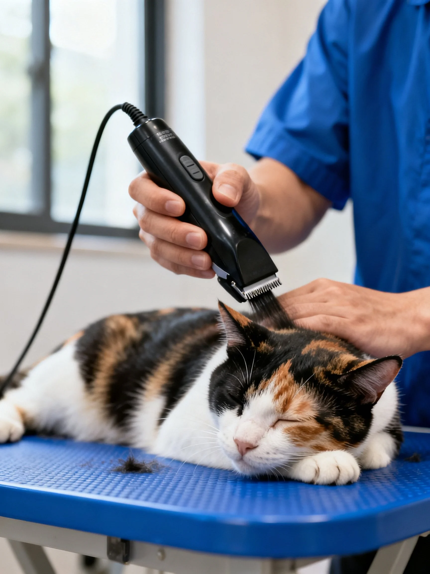 A calico cat gets groomed with electric clippers on a blue table