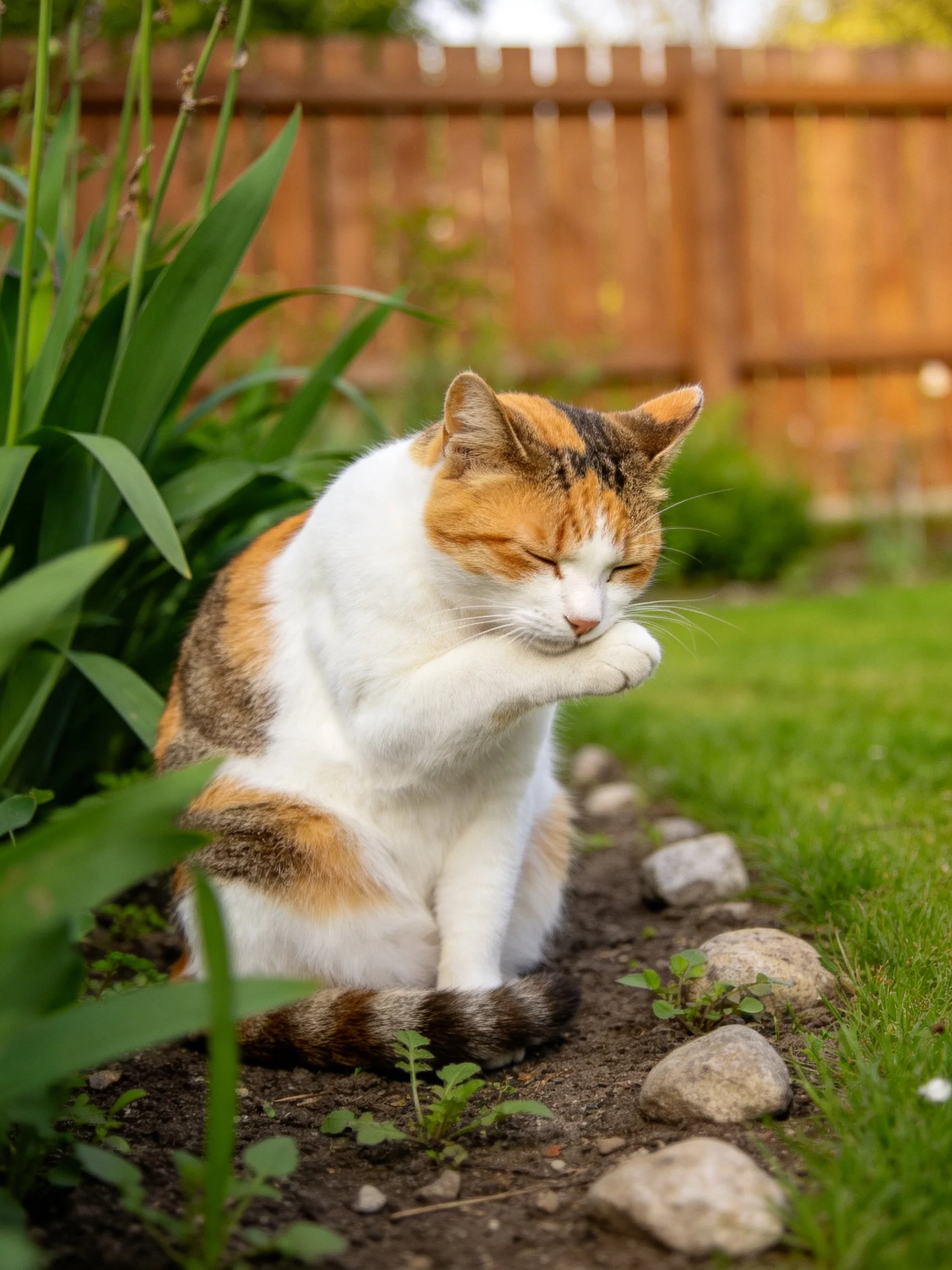 A calico cat grooming near green plants and rocks