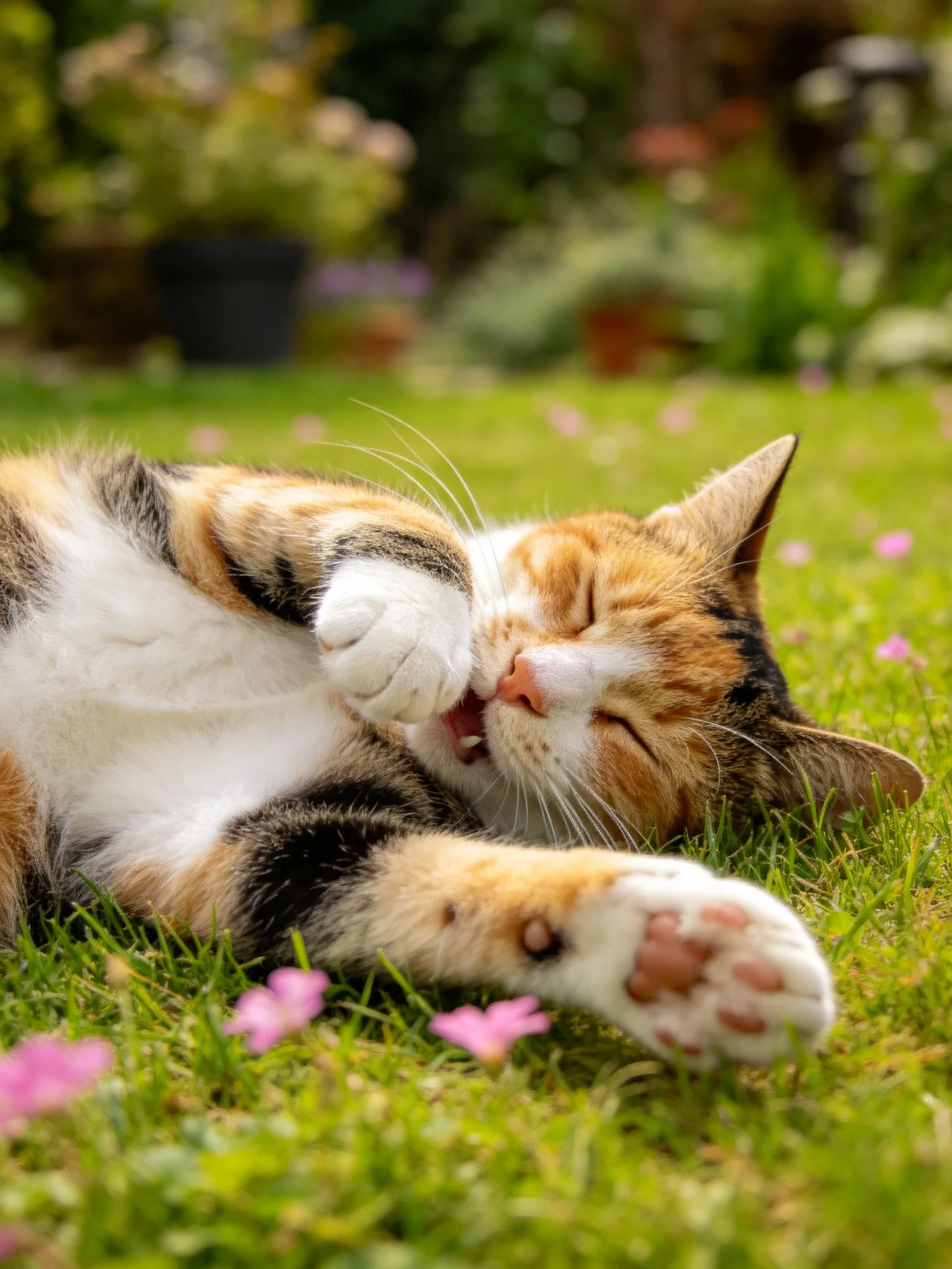 A calico cat grooming on a flower-speckled grassy lawn