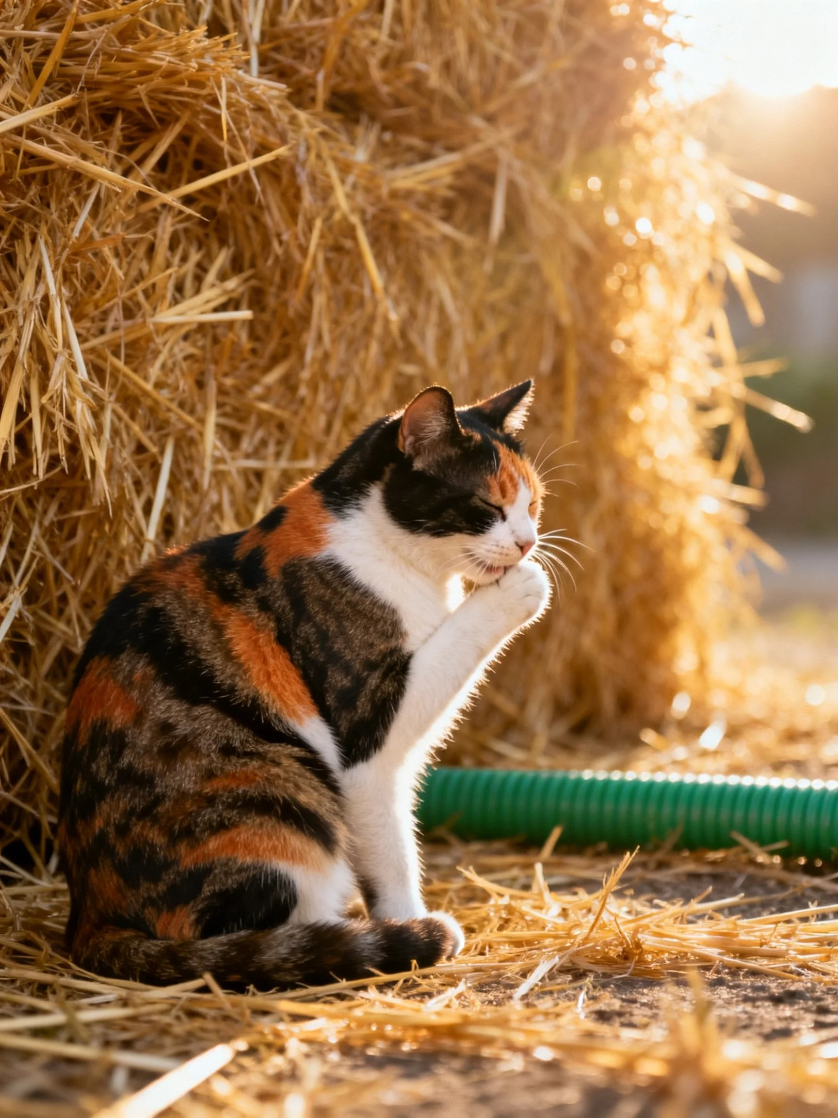 A calico cat grooms beside golden hay bales in warm sunlight