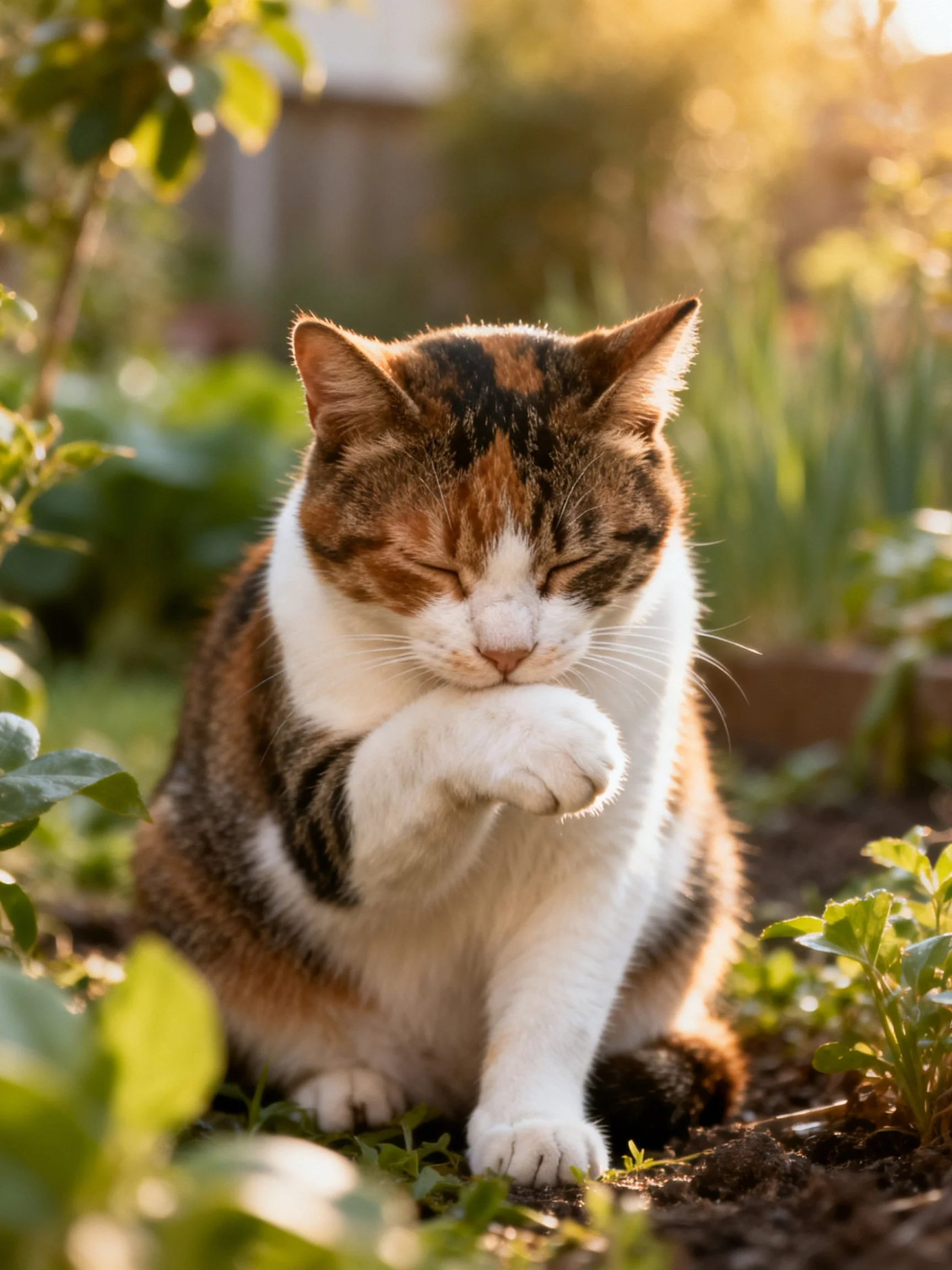 A calico cat grooms in a sunlit garden