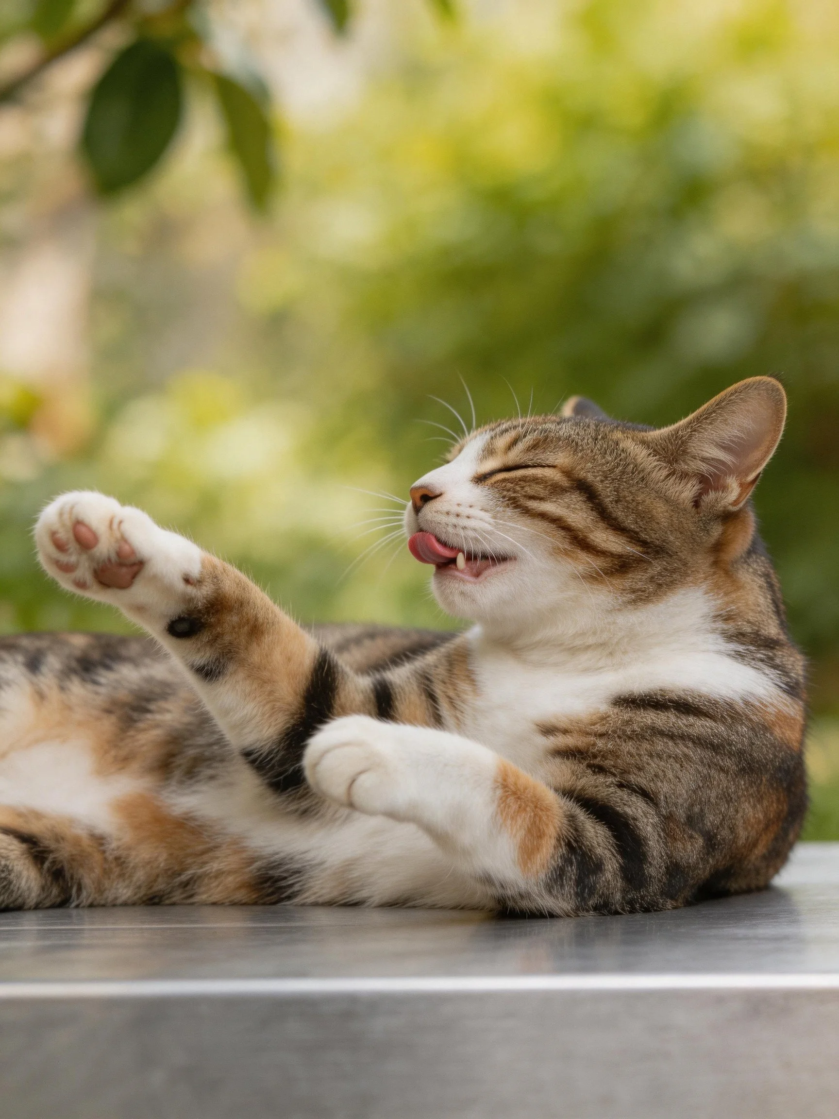 A calico cat grooms itself on a metallic outdoor surface