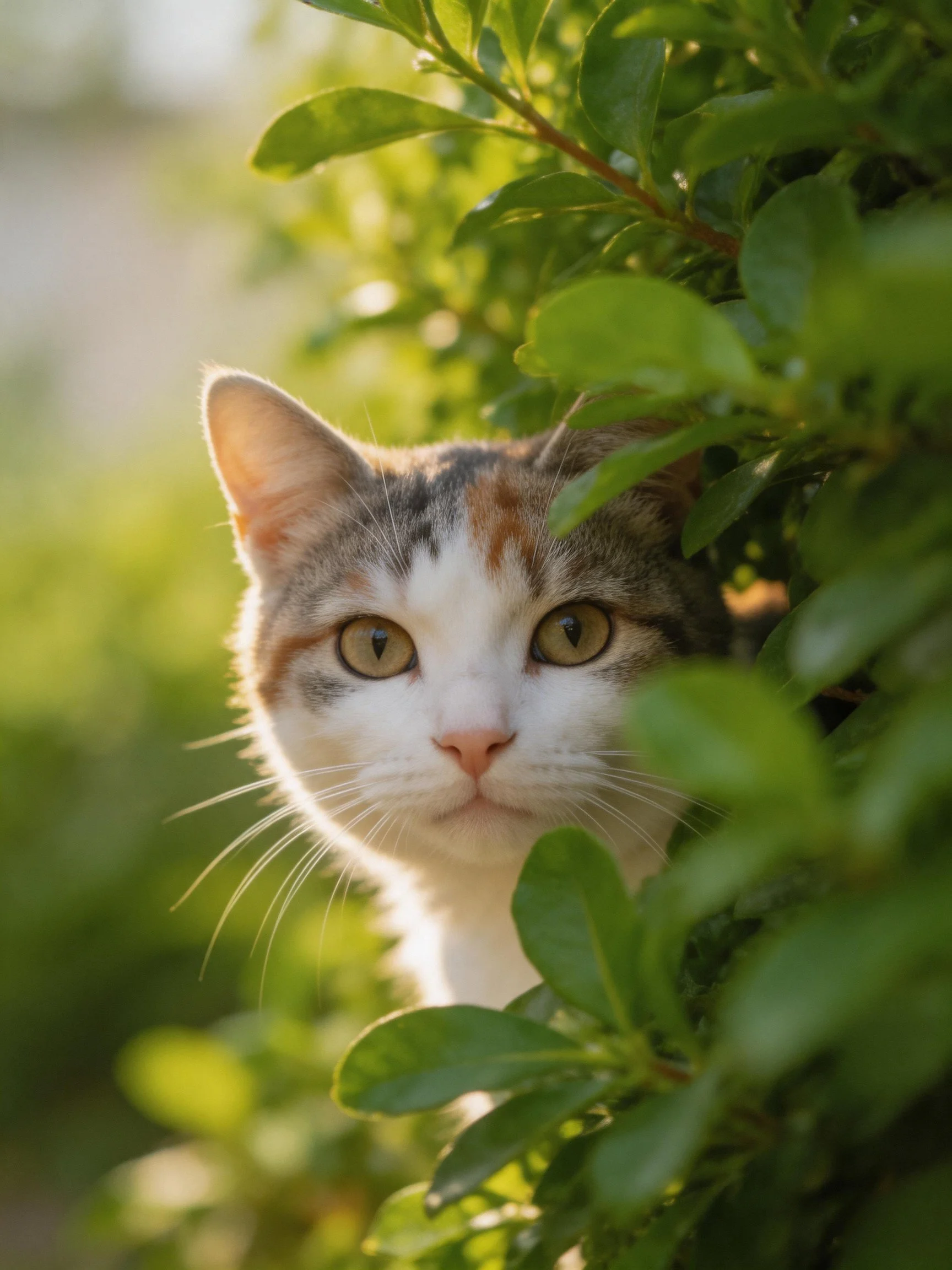 A calico cat hides among dense green foliage in soft sunlight