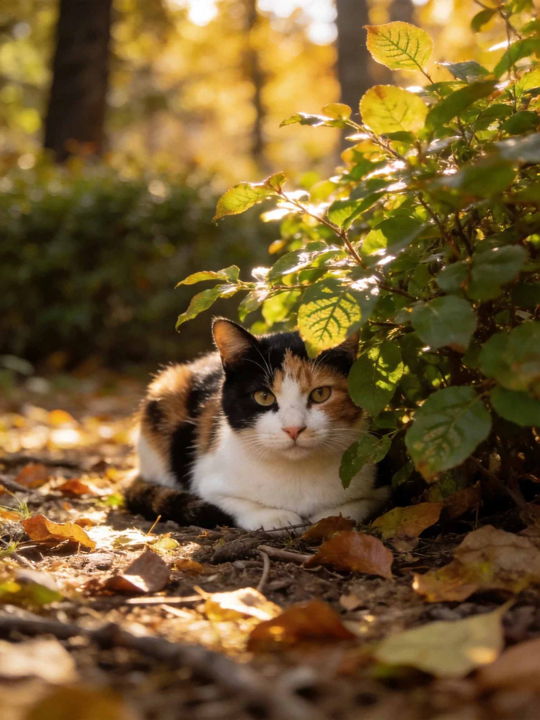 A calico cat hides under green foliage with autumn leaves