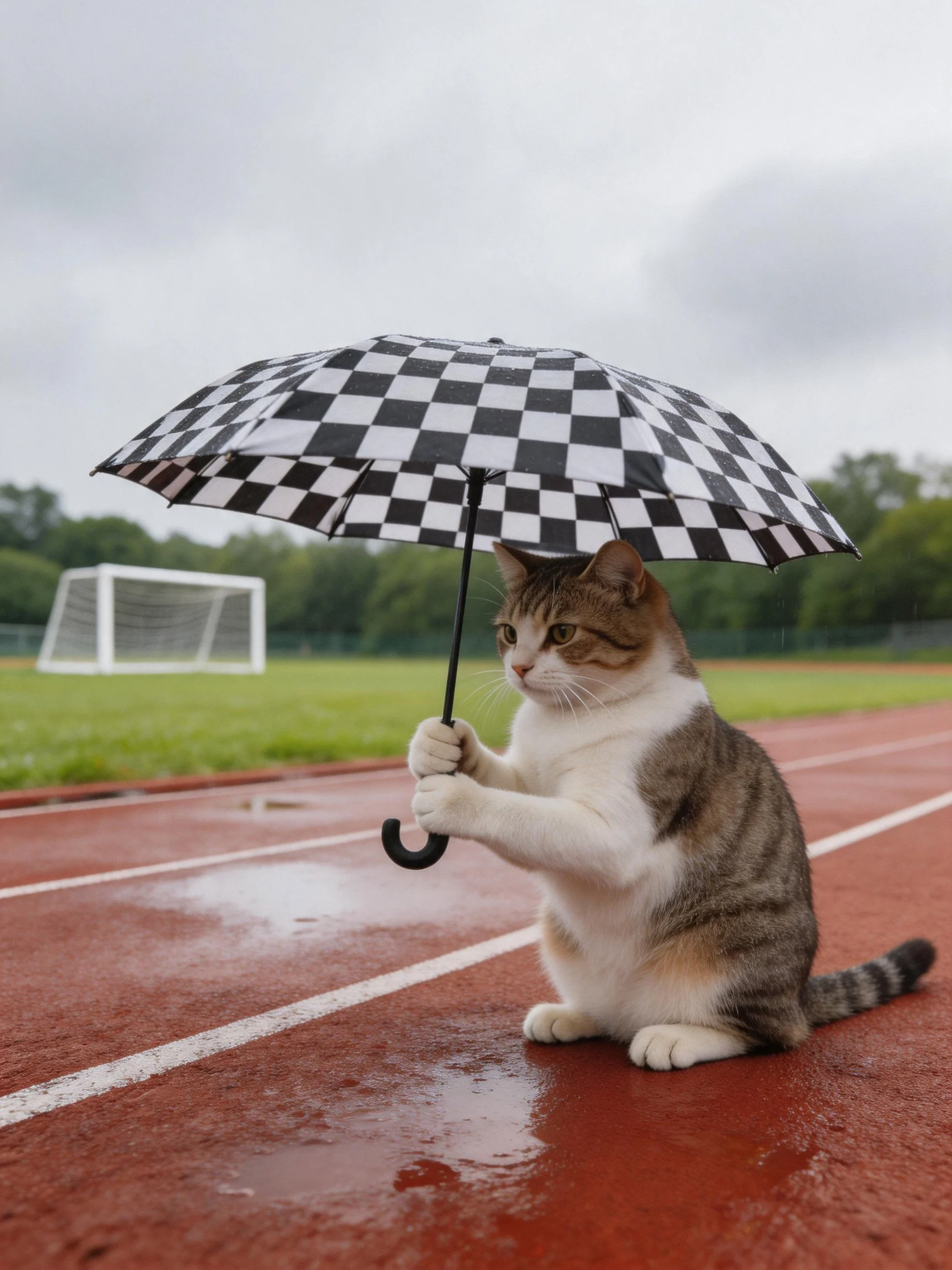 A calico cat holds a checkered umbrella on a wet sports track
