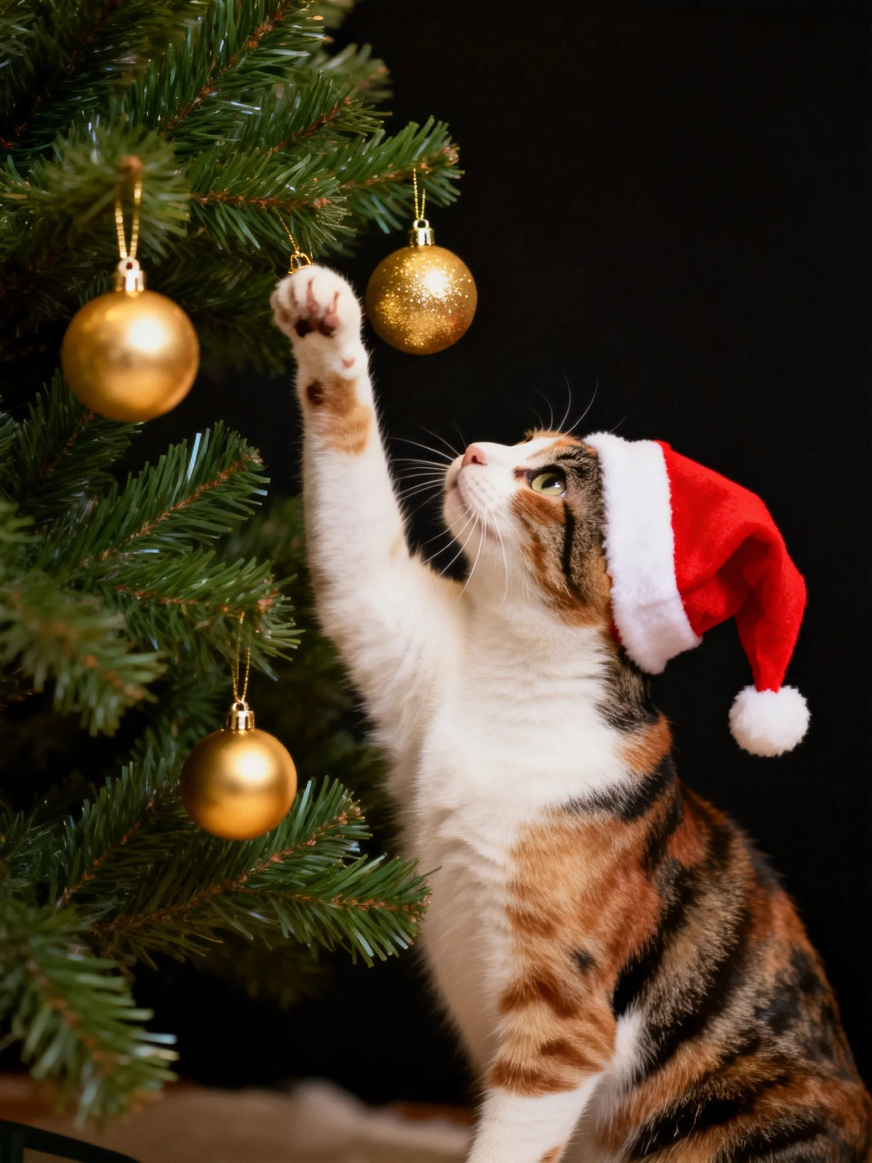 A calico cat in a Santa hat reaches for golden ornaments on a green Christmas tree
