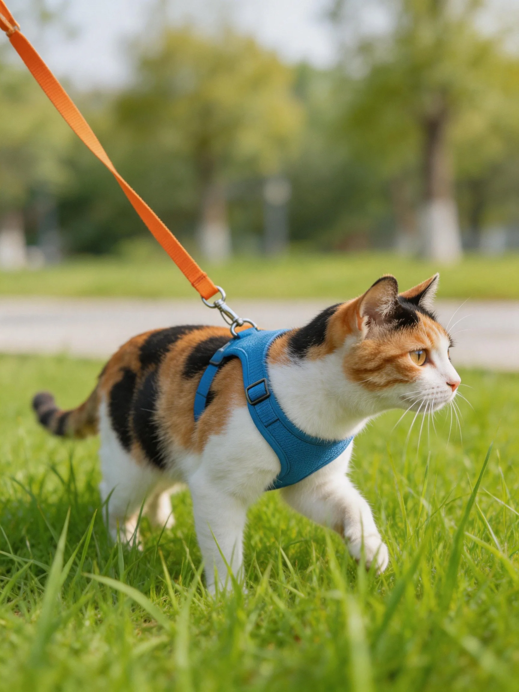 A calico cat in a blue harness walks on green grass with an orange leash