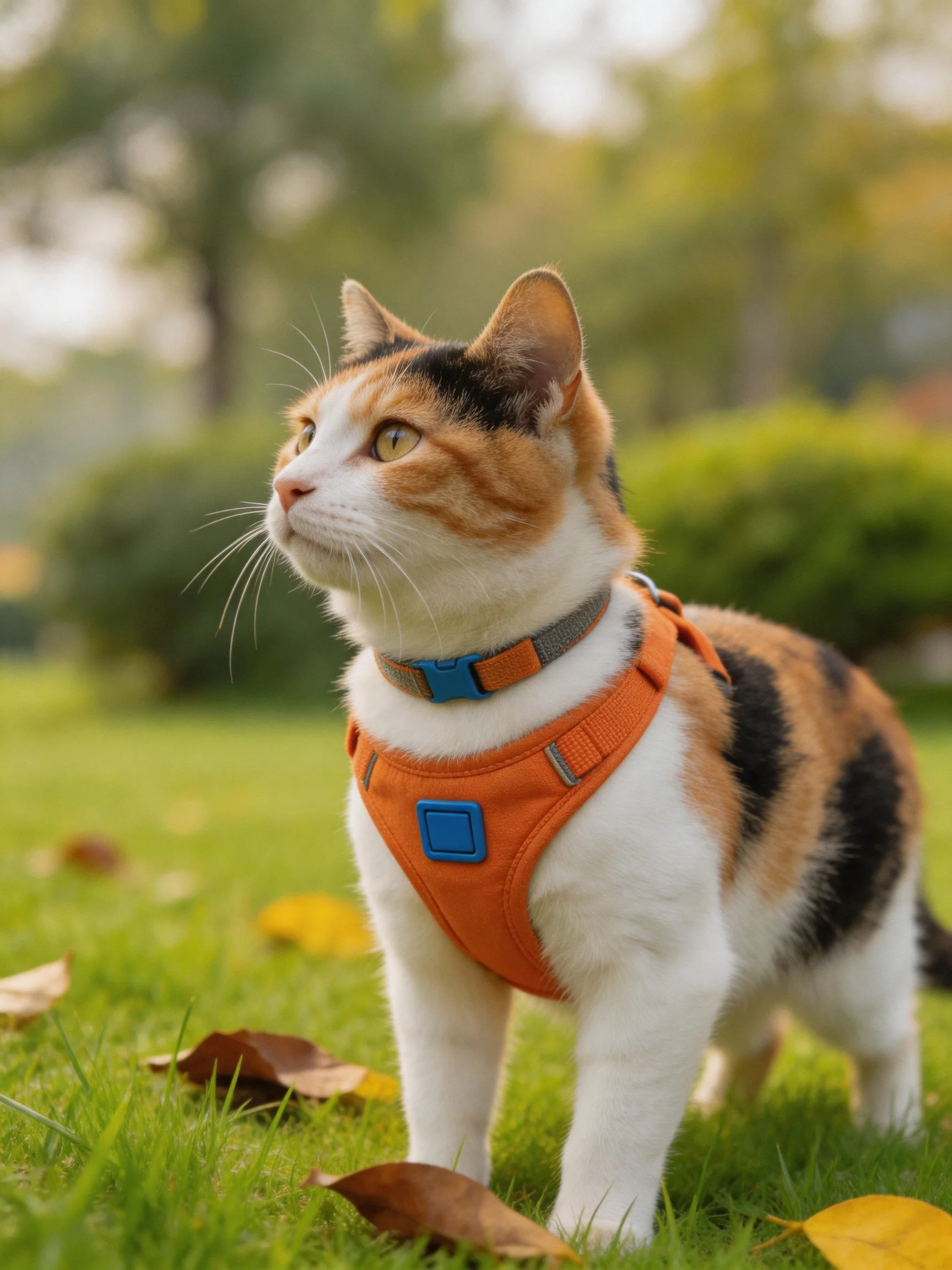 A calico cat in an orange harness on green grass with fallen leaves