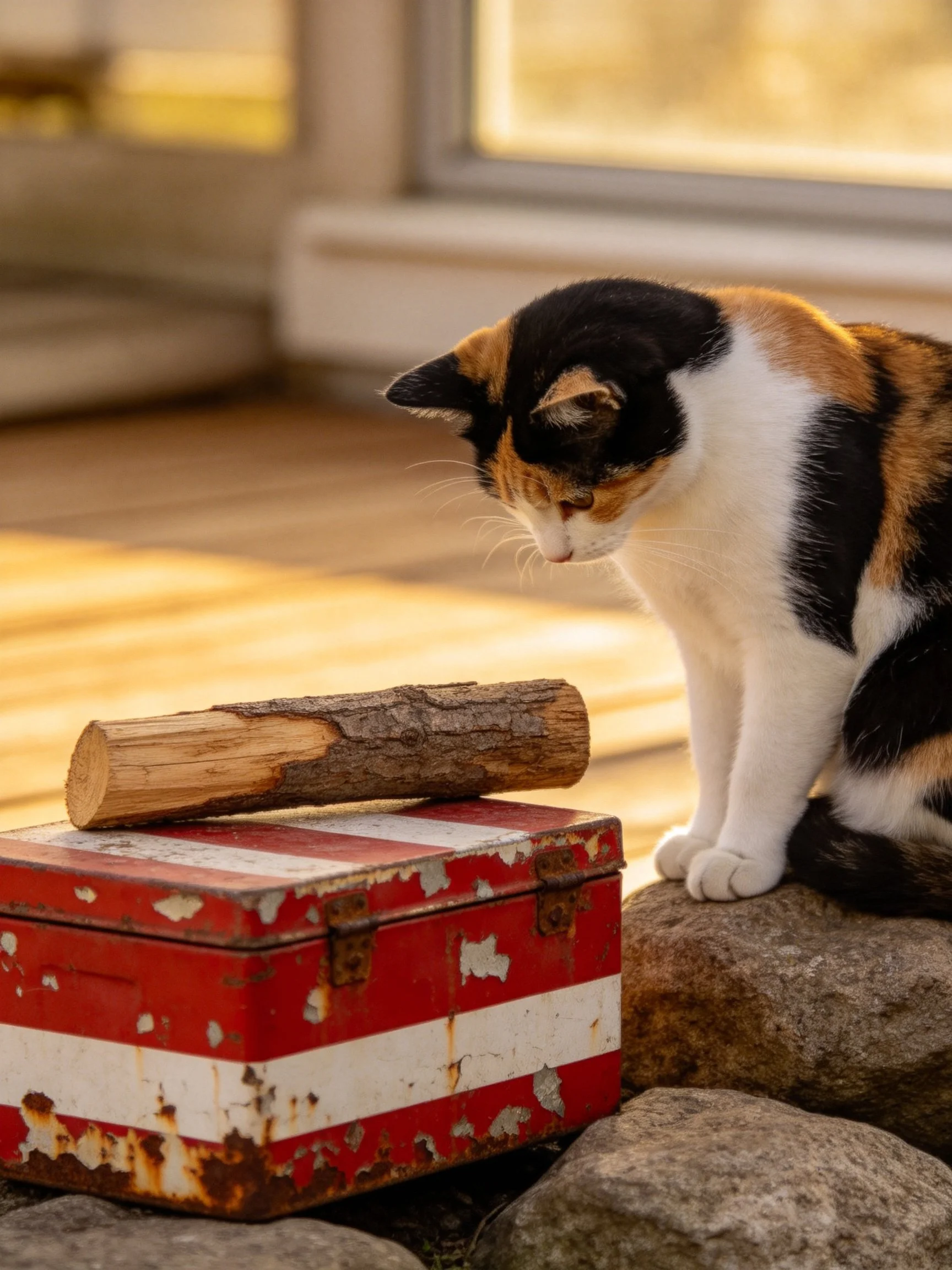 A calico cat inspects a weathered red-and-white box with a log near rocks