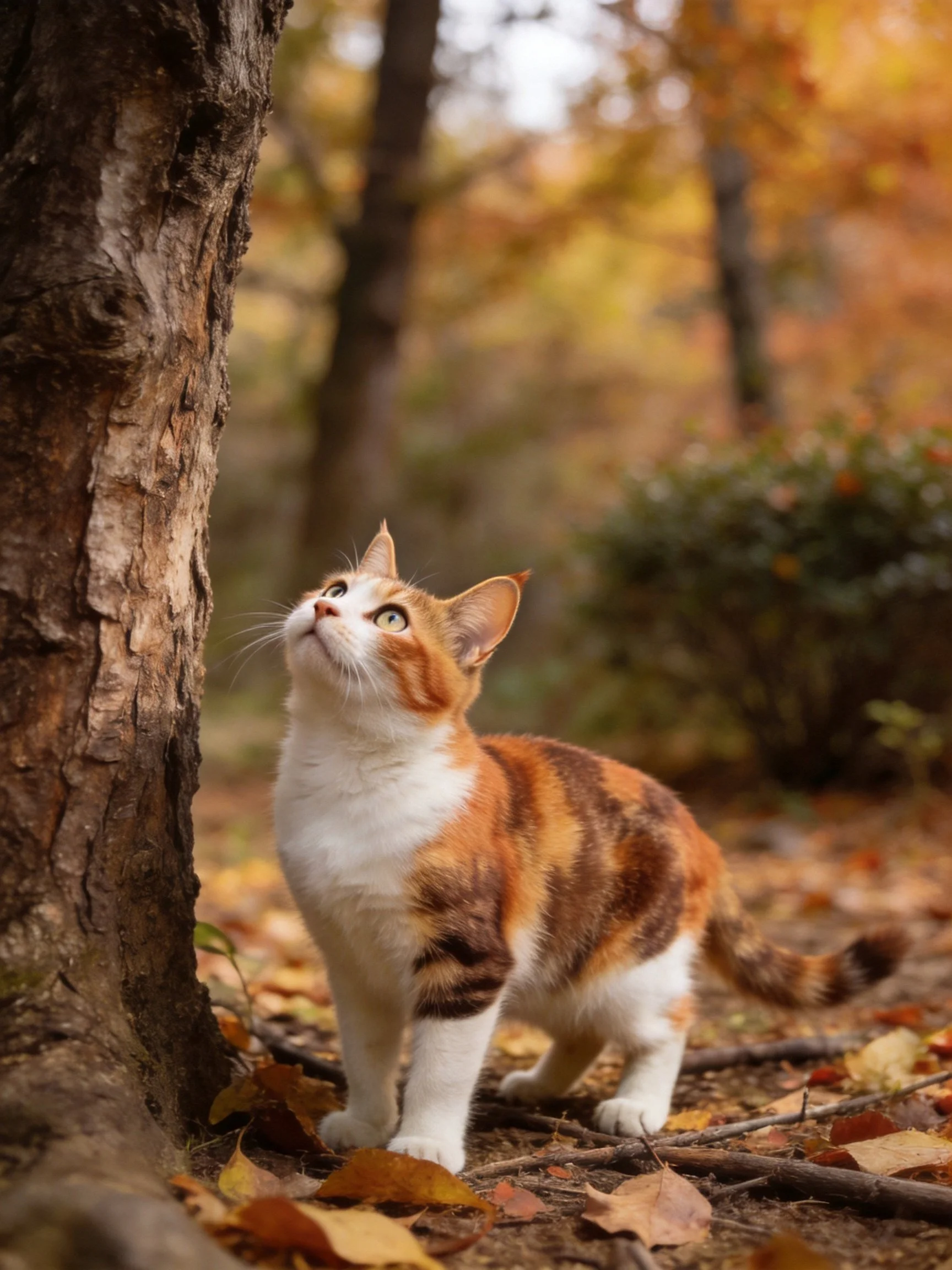 A calico cat investigates a tree trunk surrounded by autumn leaves