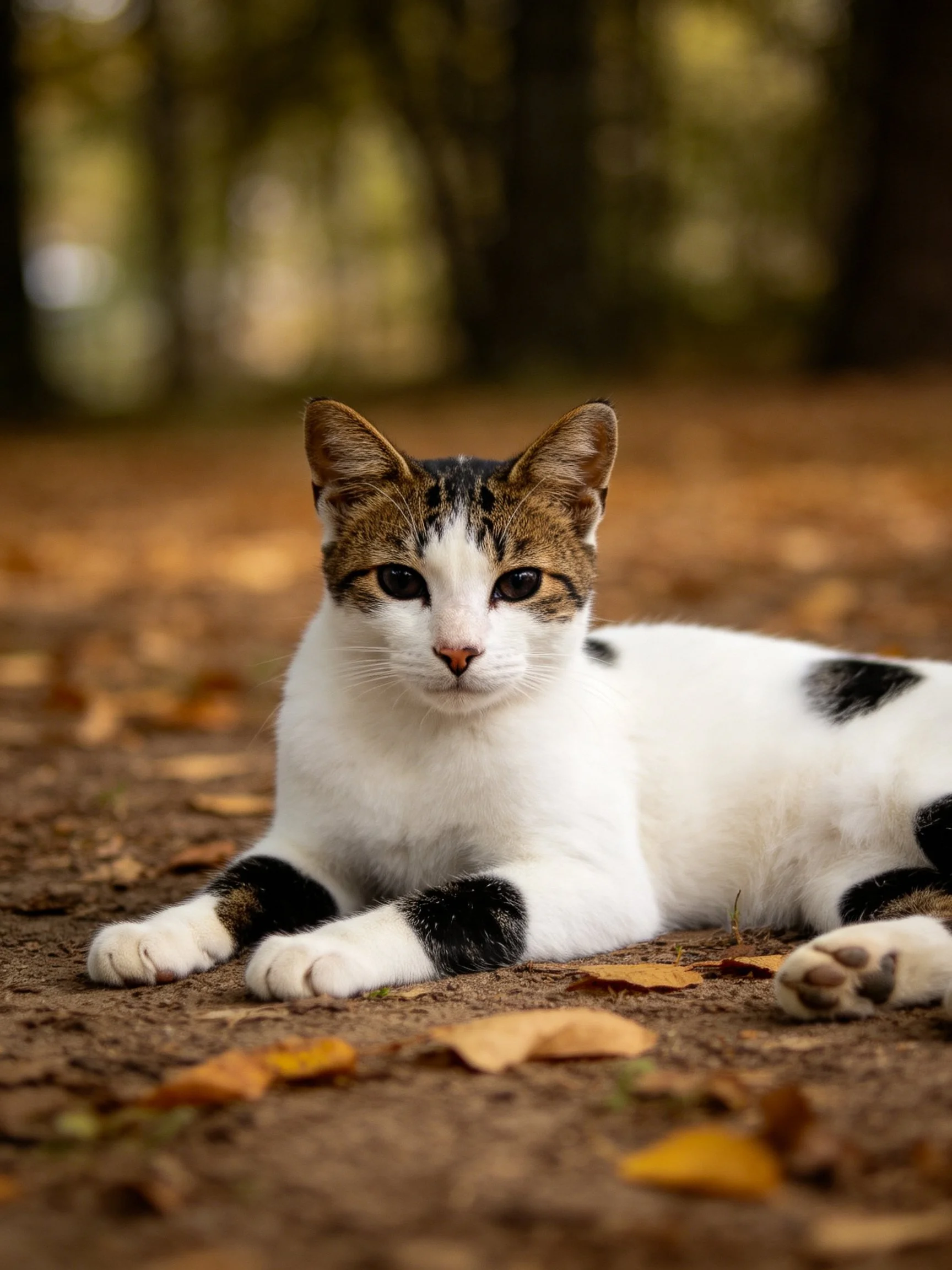 A calico cat lies on leaf-covered dirt near blurred trees