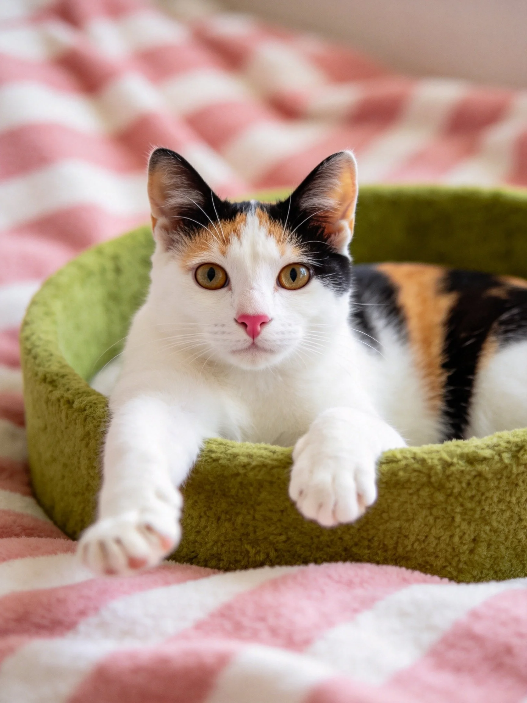 A calico cat lounges in a green pet bed on a pink blanket