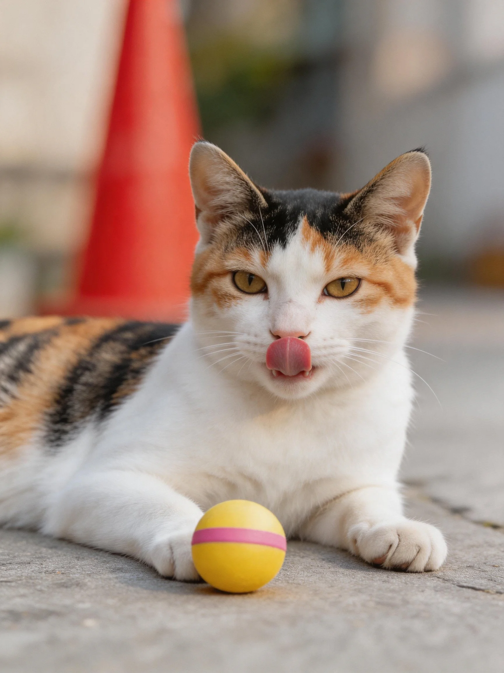 A calico cat lounges near a yellow ball with a pink stripe, orange cone in background
