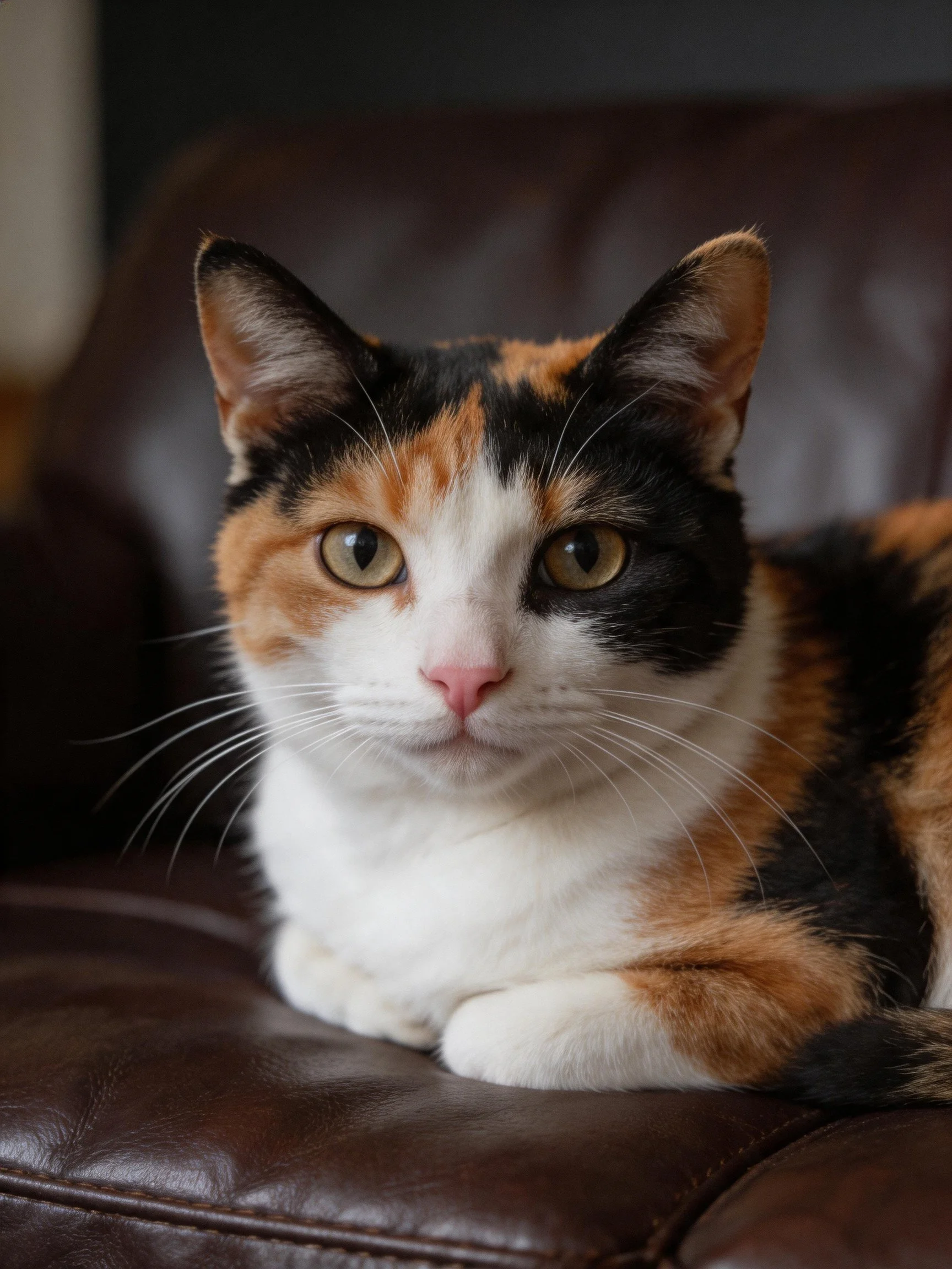 A calico cat lounges on a dark brown leather couch