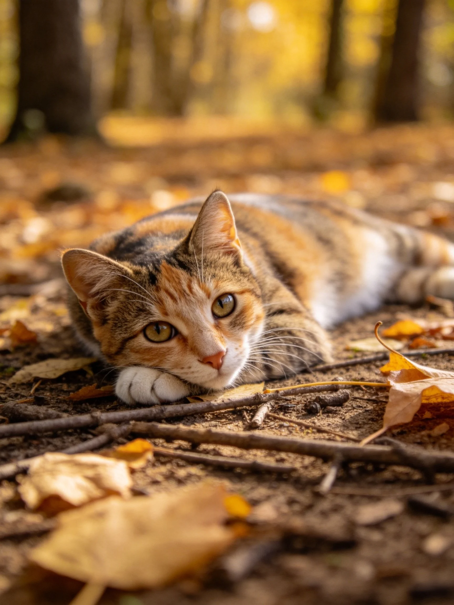 A calico cat lounges on a forest floor with fallen autumn leaves