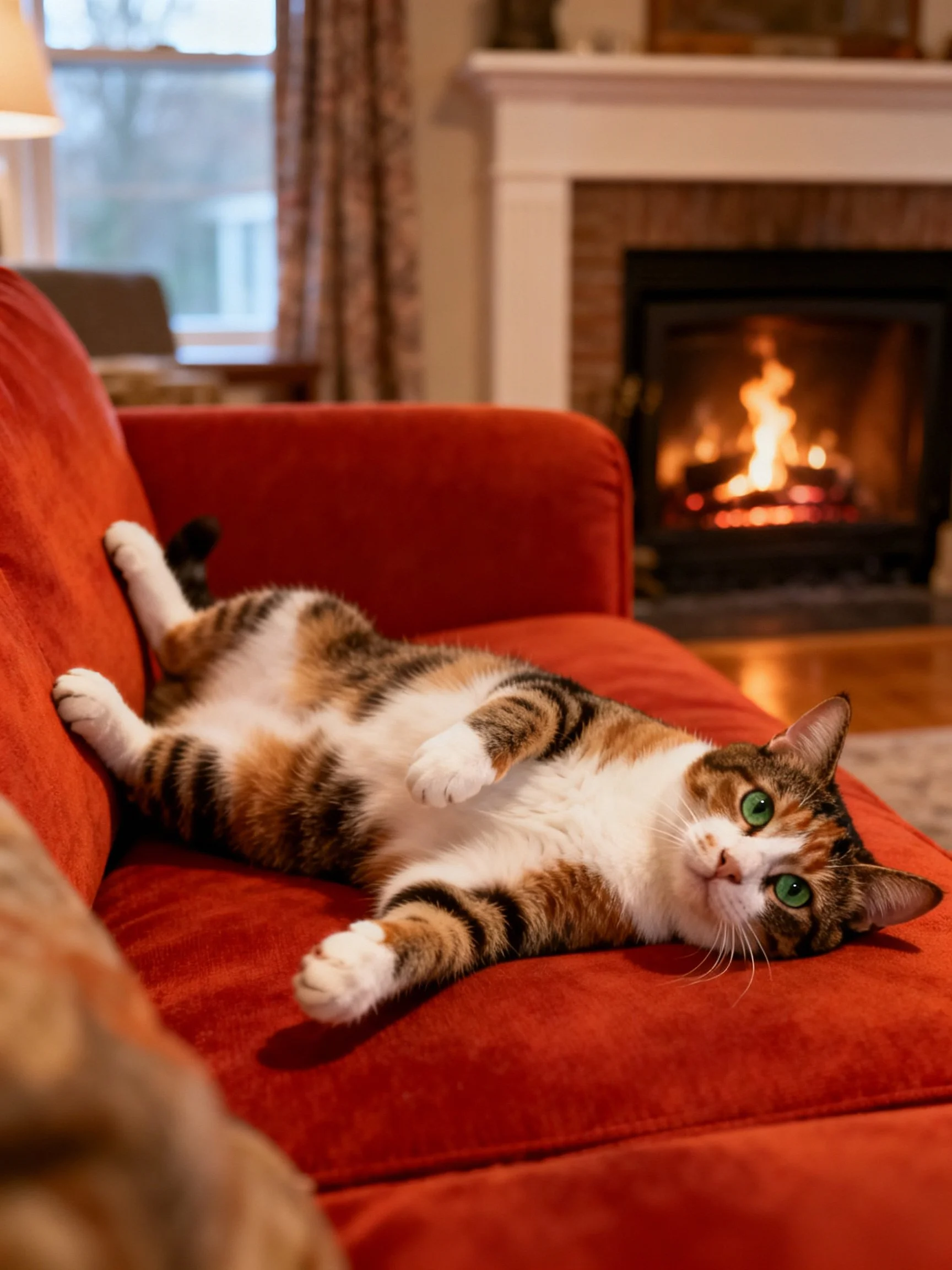 A calico cat lounges on a red sofa near a burning fireplace