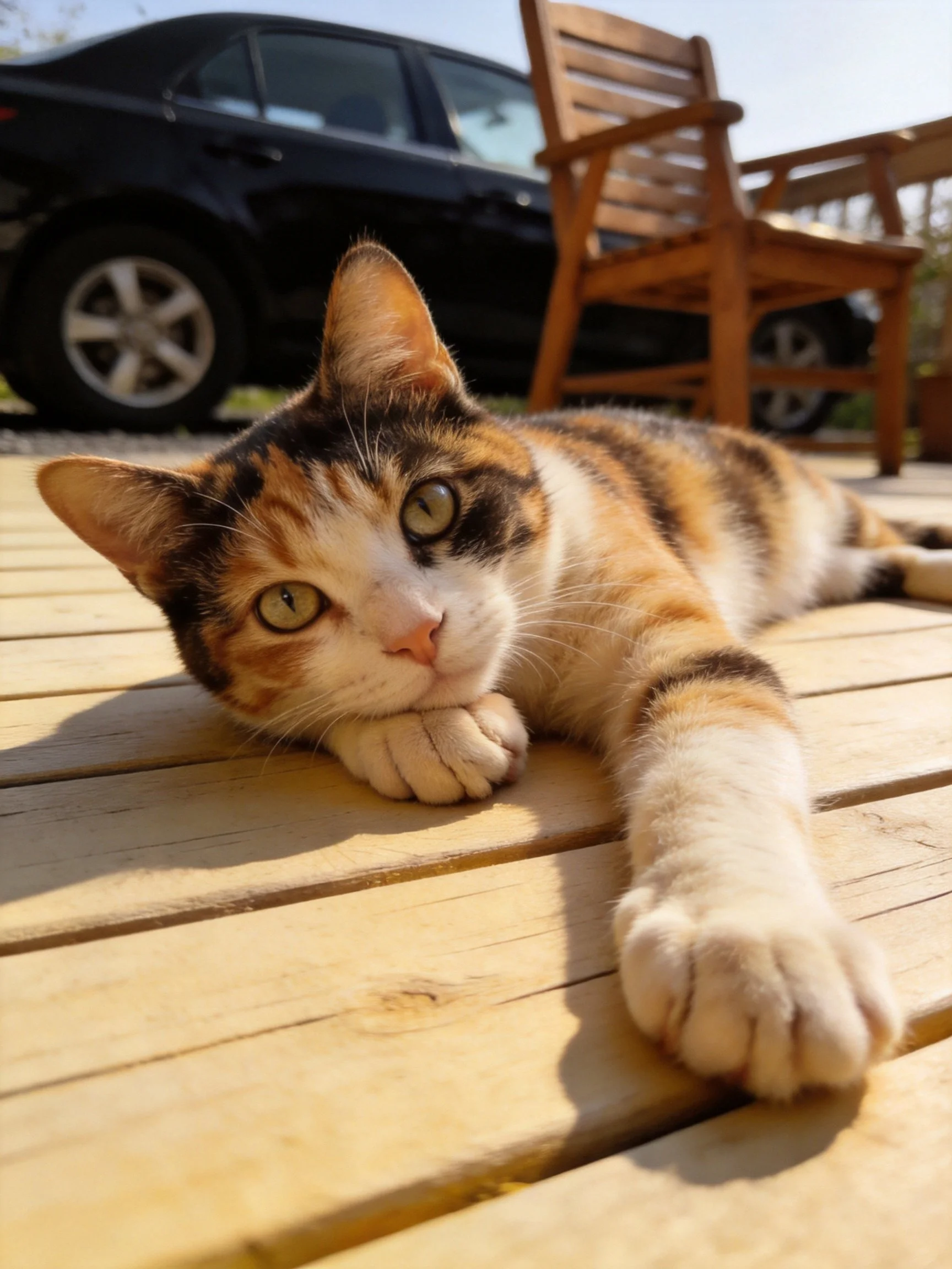 A calico cat lounges on a wooden deck near a black car and brown chairs
