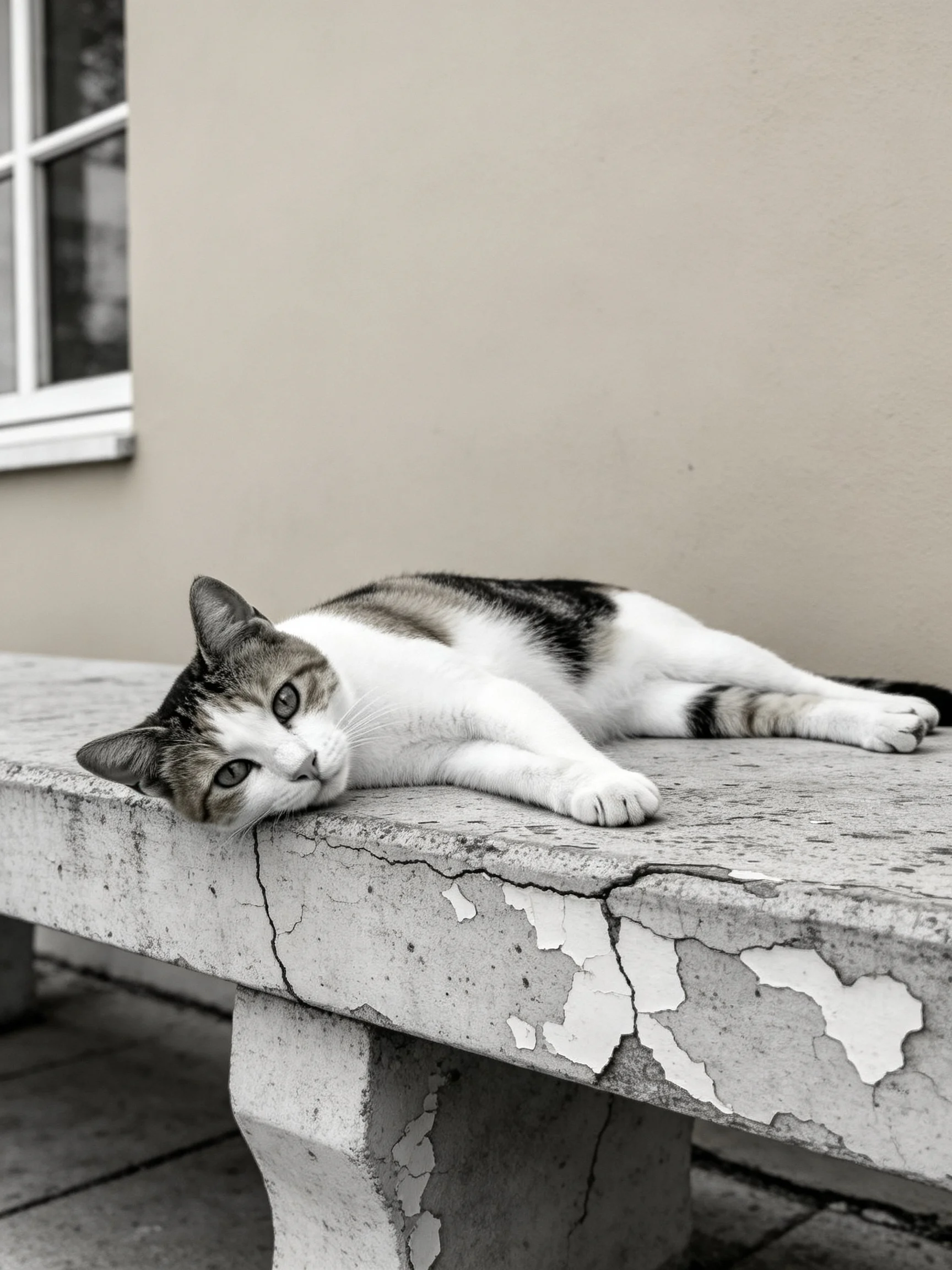 A calico cat lounges on an aged concrete bench near a building wall