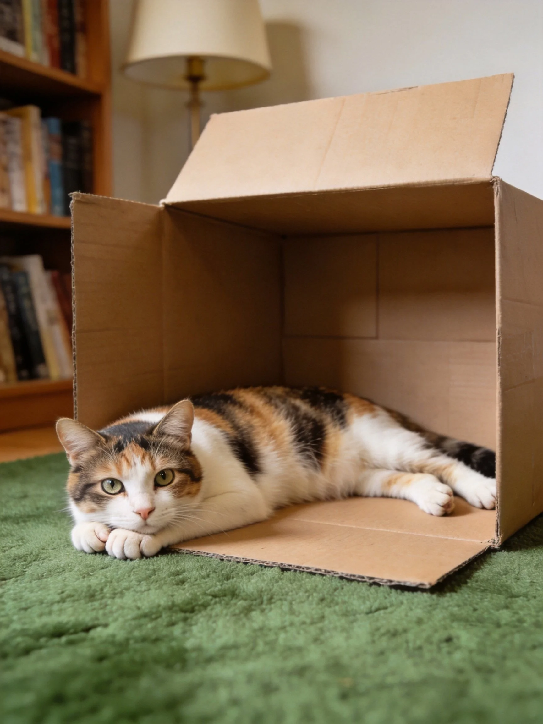 A calico cat lounging in an open brown cardboard box