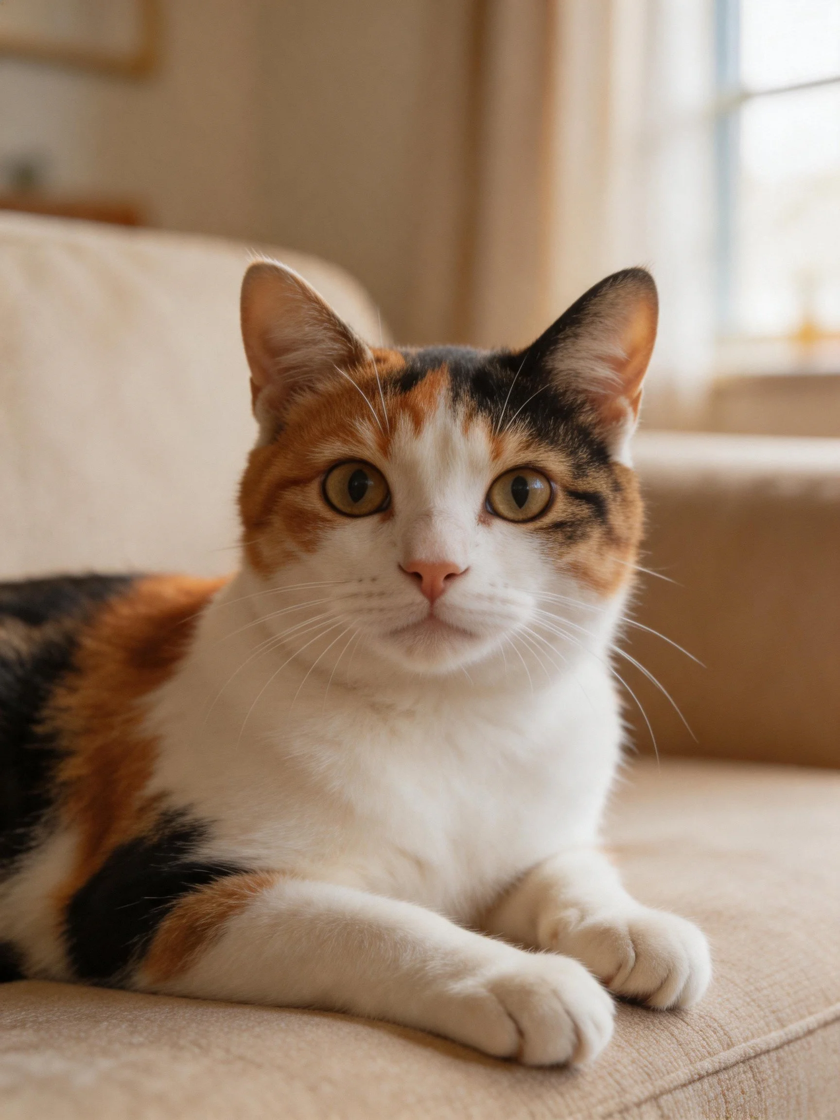 A calico cat lounging on a beige sofa in a softly lit room