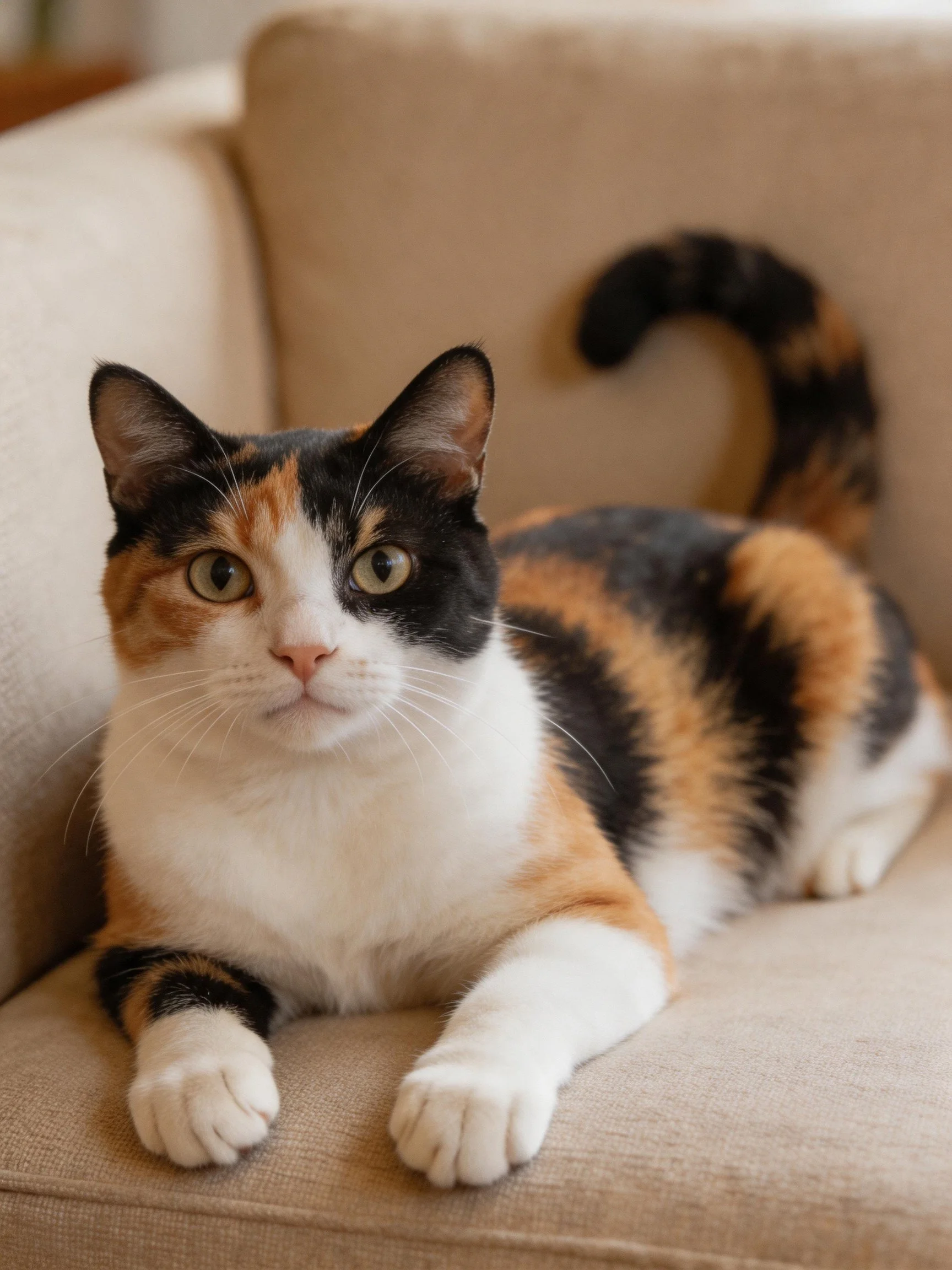 A calico cat lounging on a beige upholstered chair